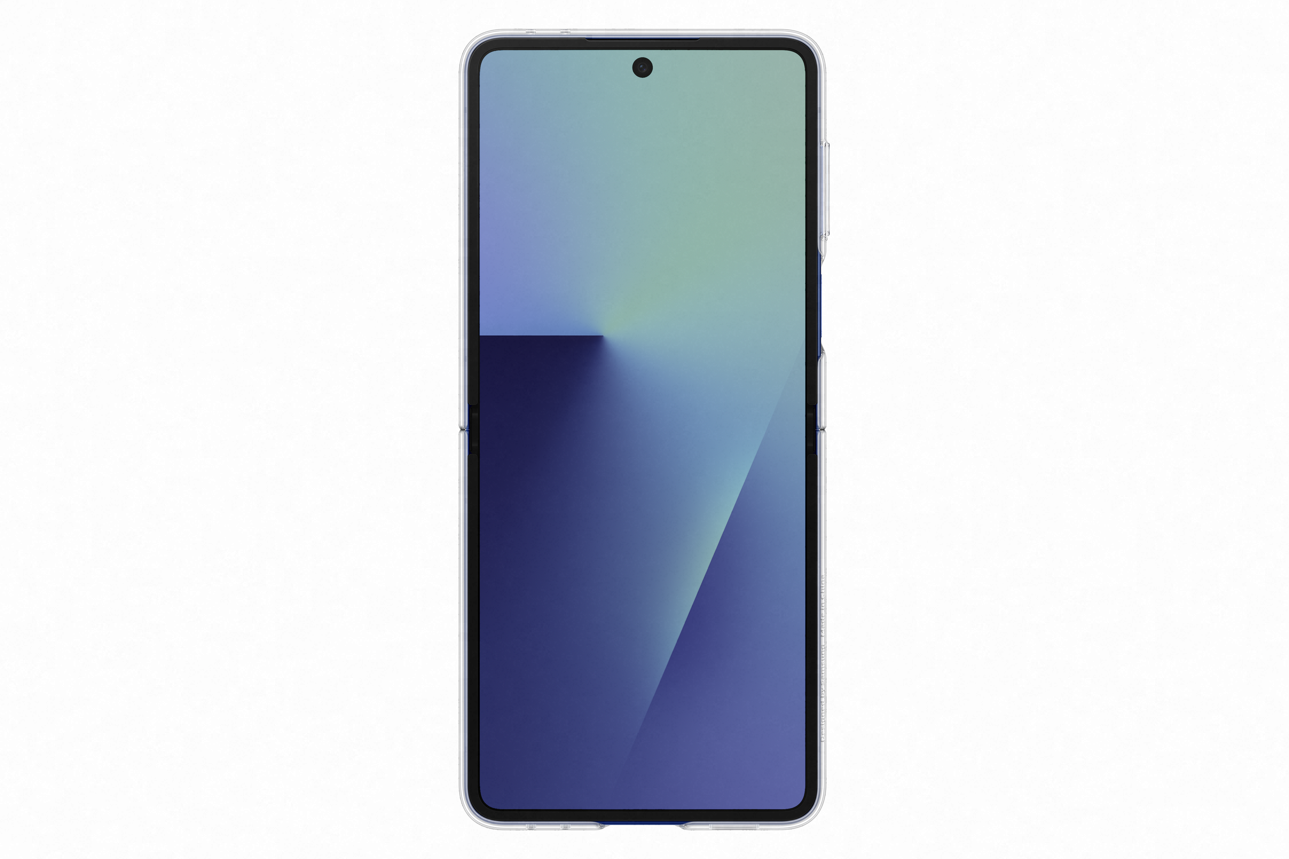 Egy okostelefon kék színátmenetes képernyővel. A telefon átlátszó tokban van, fehér háttérrel.