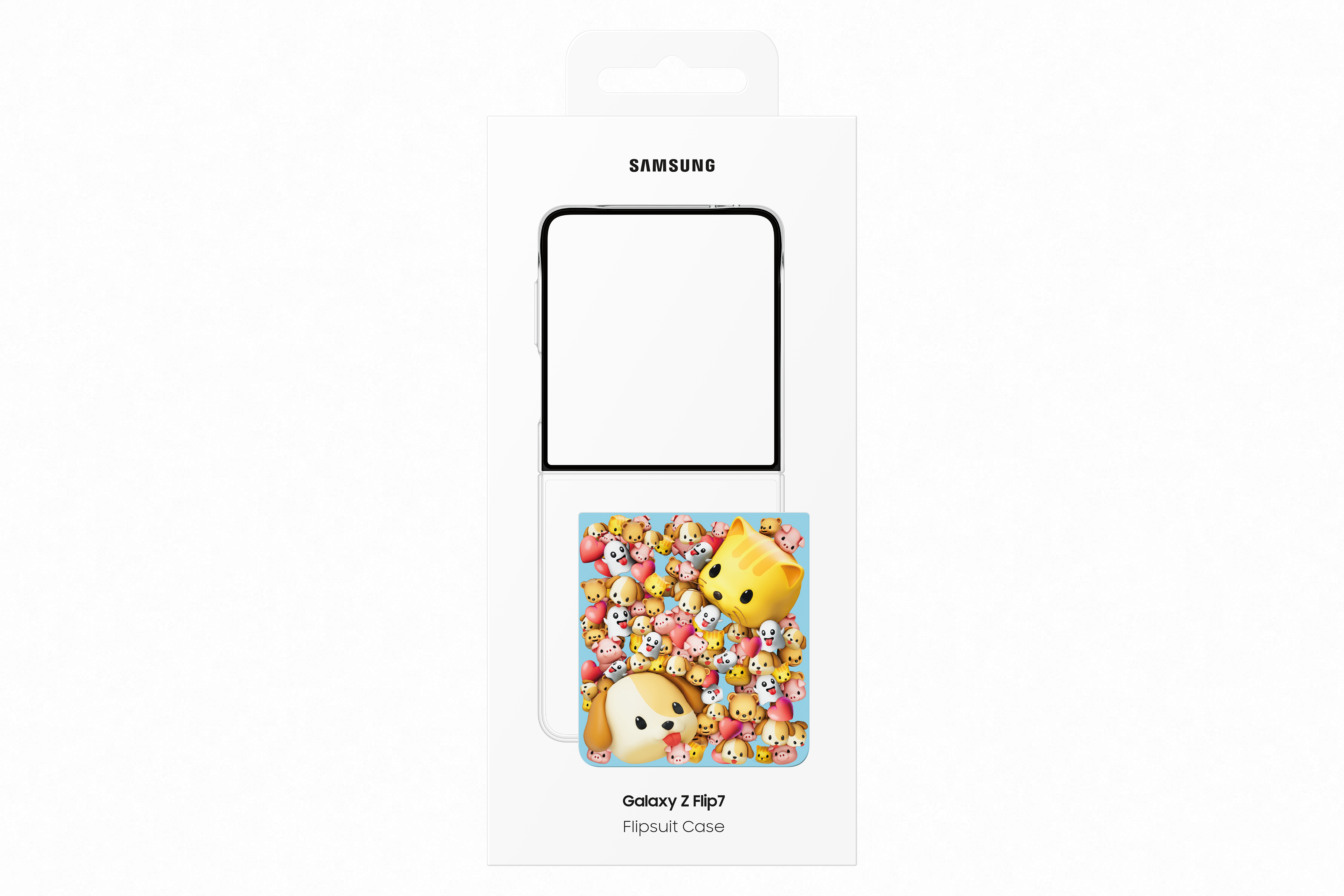 Egy Samsung Galaxy Z Flip7 tok. Színes rajzfilm dizájnnal rendelkezik, különböző állatfigurákkal.