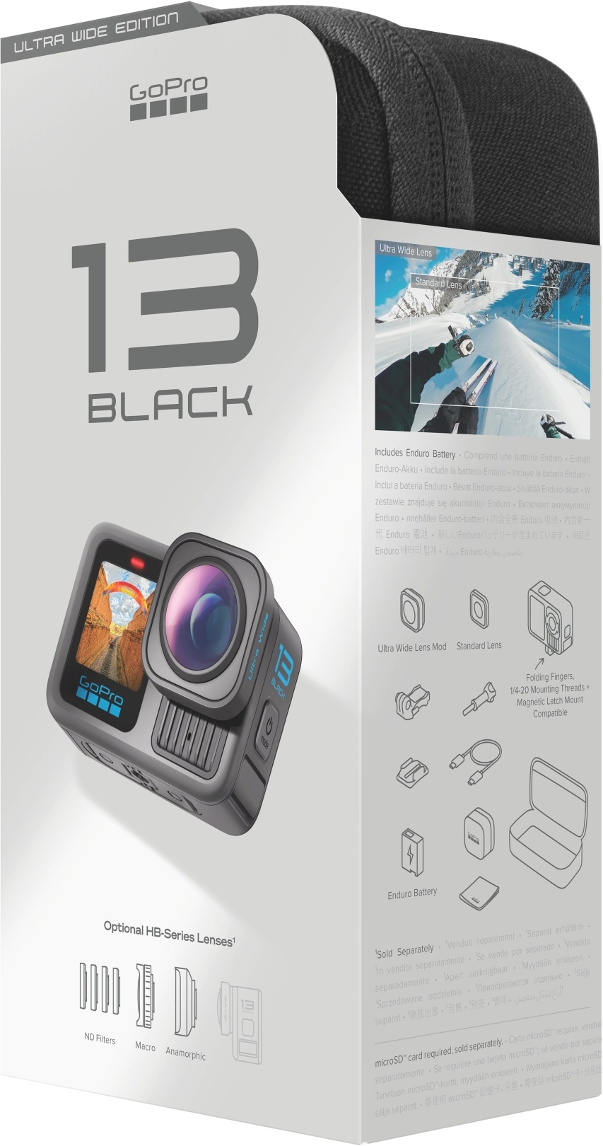 GoPro 13 Black Kamerabox. Enthält Ultra-Weitwinkelobjektiv, Enduro-Akku und optionale HB-Serienobjektive. Produktinformationen.