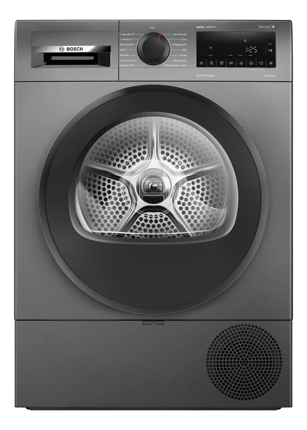Un sèche-linge Bosch gris. Il dispose d'un panneau de commande, d'une porte vitrée et d'une ventilation inférieure. L'affichage indique 1:25.