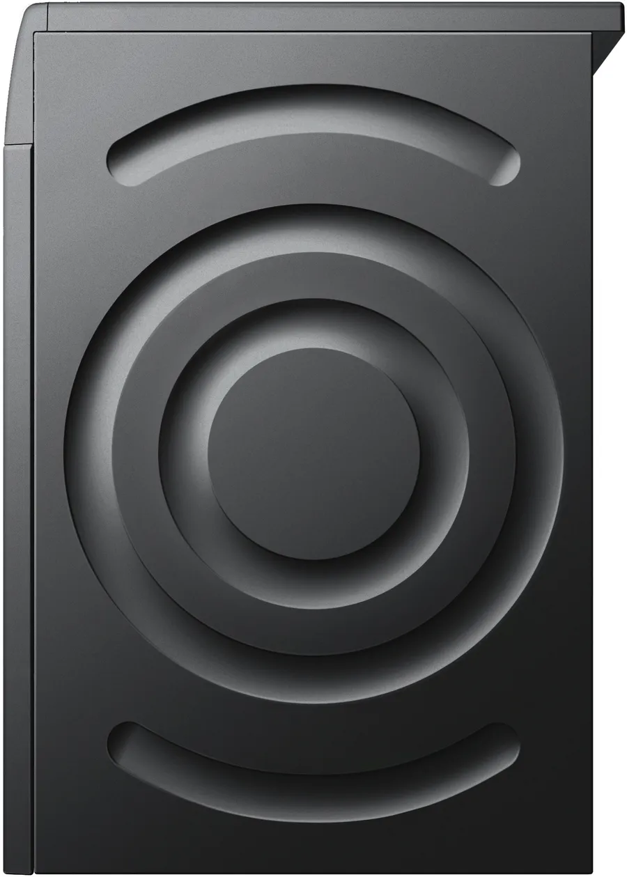 Un panneau gris foncé avec des cercles concentriques et des creux incurvés. Le design est minimaliste et moderne, avec un jeu d'ombres et de lumière.