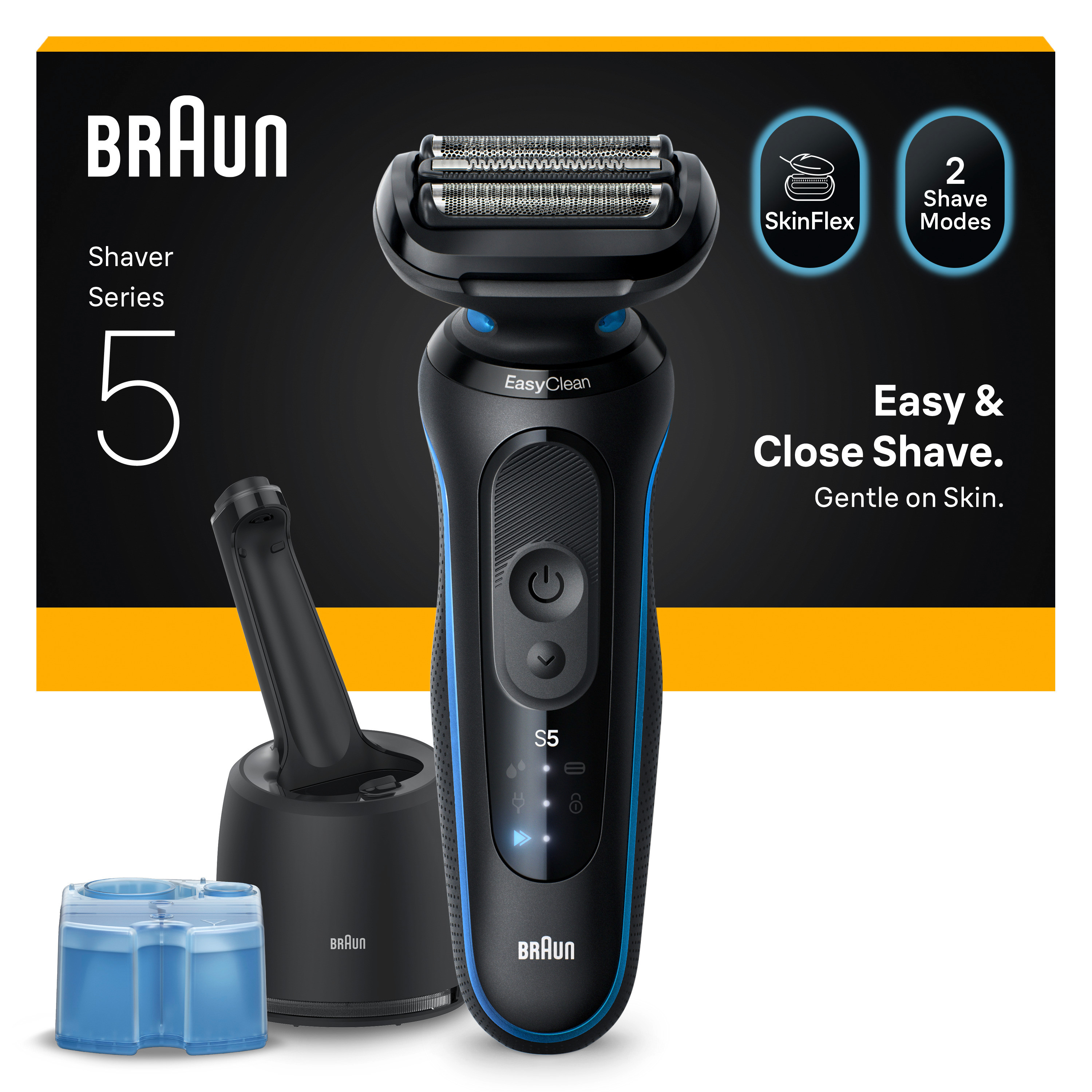 Ein elektrischer Rasierer der Braun Serie 5 mit Ladestation und Reinigungslösung. Der Rasierer ist schwarz und blau.