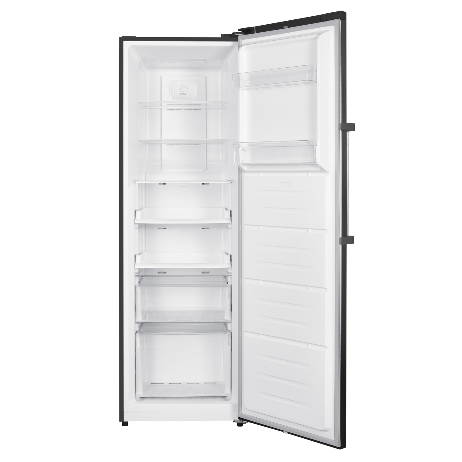 Un réfrigérateur noir avec une porte ouverte, révélant étagères et tiroirs. L'intérieur est blanc, et la porte a également des étagères.