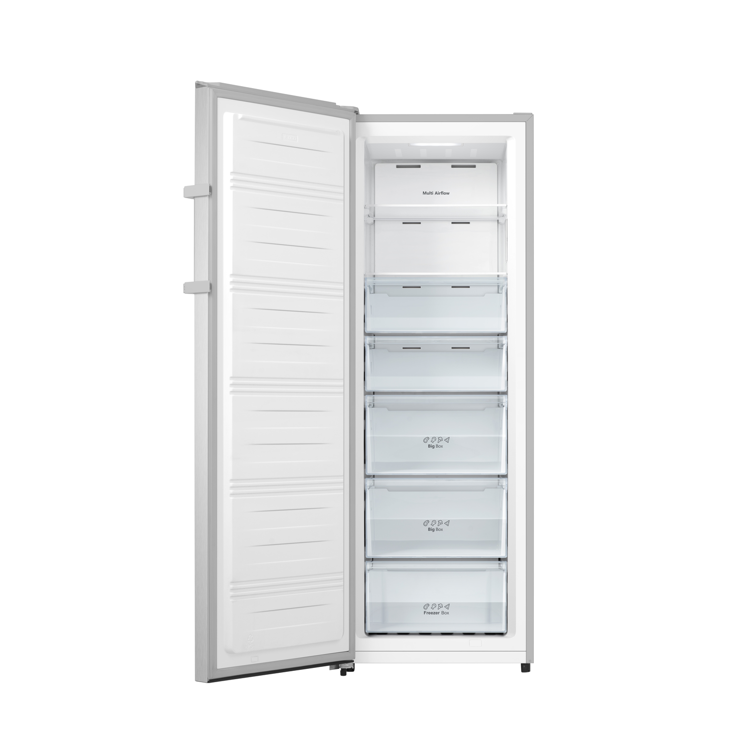 Congélateur blanc ouvert avec la porte ouverte. À l'intérieur, des tiroirs étiquetés Big Box et Freezer Box.