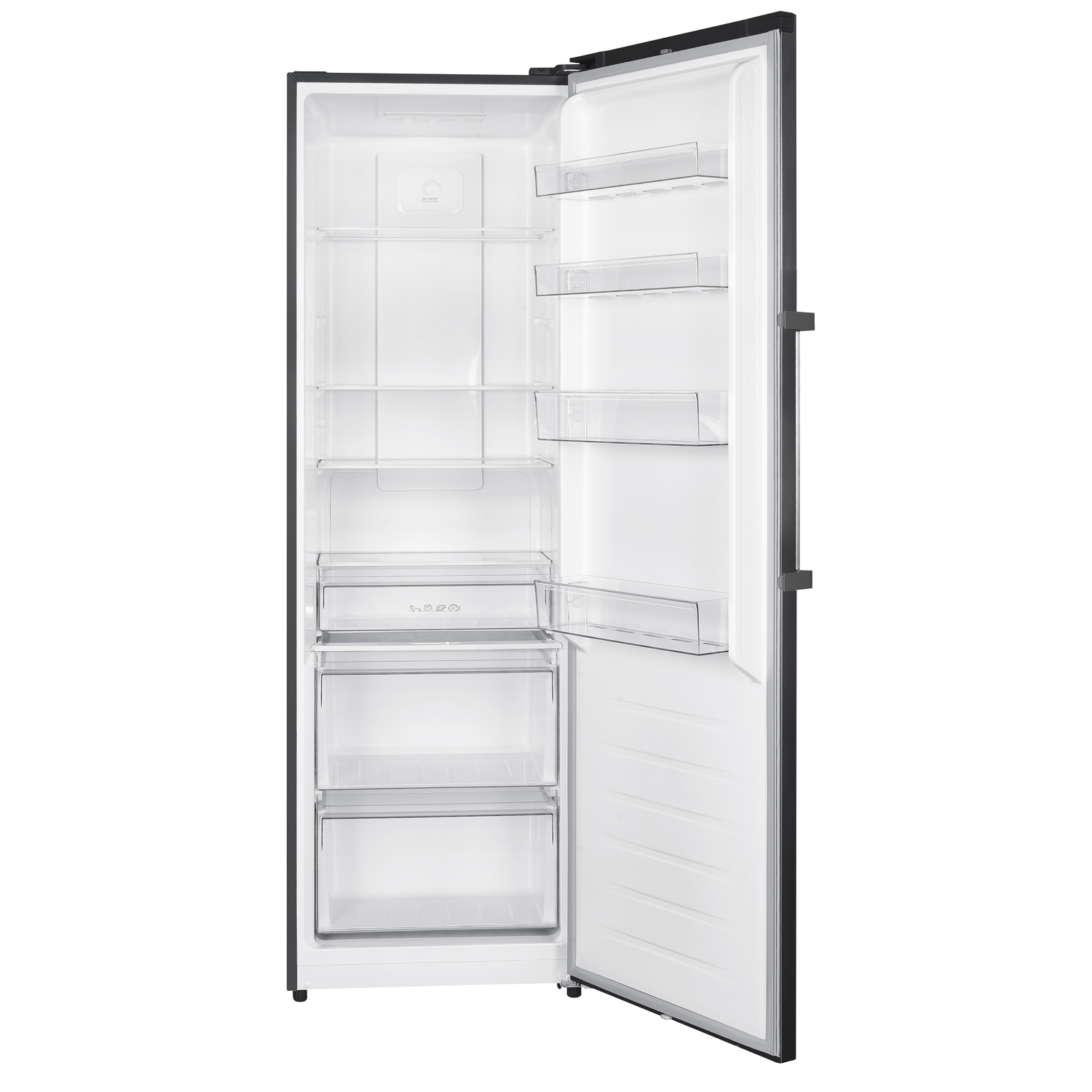 Un réfrigérateur noir ouvert avec des étagères transparentes. La porte est ouverte, révélant plusieurs étagères et tiroirs. Le fond est blanc.
