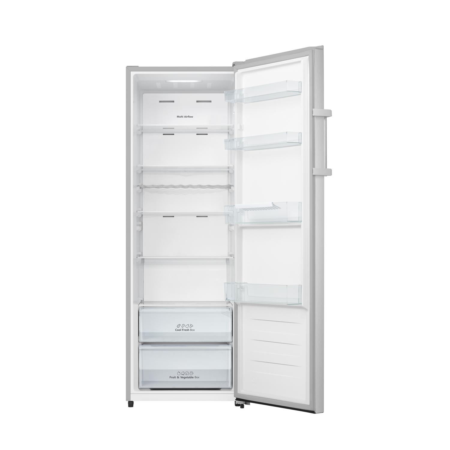 An open, empty refrigerator with shelves and drawers. The door is ajar, revealing the interior. Gray exterior, white interior.