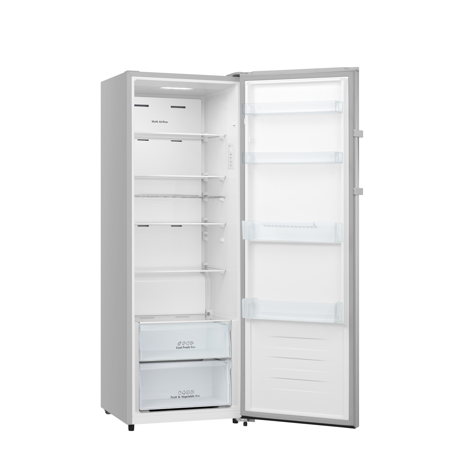 A silver refrigerator with an open door, revealing shelves, drawers, and the interior. The door is on the right side.