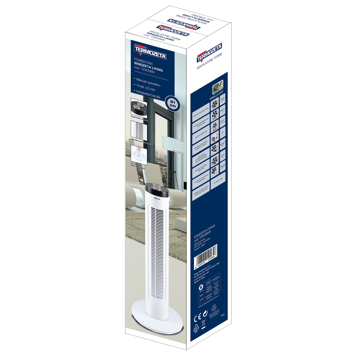Ventilateur tour blanc dans une boîte. Fonctionnement manuel, minuterie et poignée intégrée. Boîte avec spécifications détaillées.