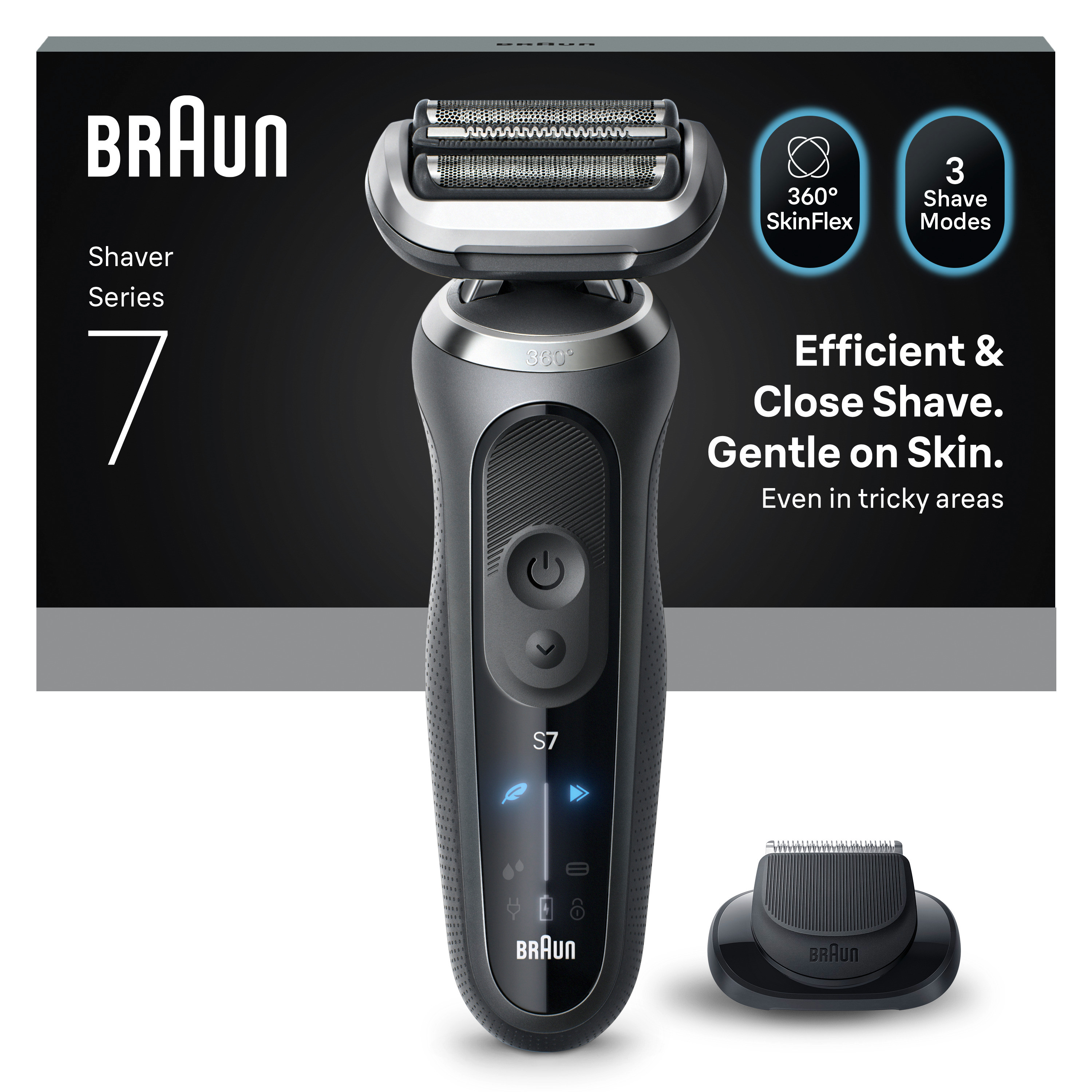 Elektrischer Rasierer Braun Serie 7. Schwarz und Silber. Eigenschaften: 360 SkinFlex, 3 Rasurmodi. Effiziente und gründliche Rasur.