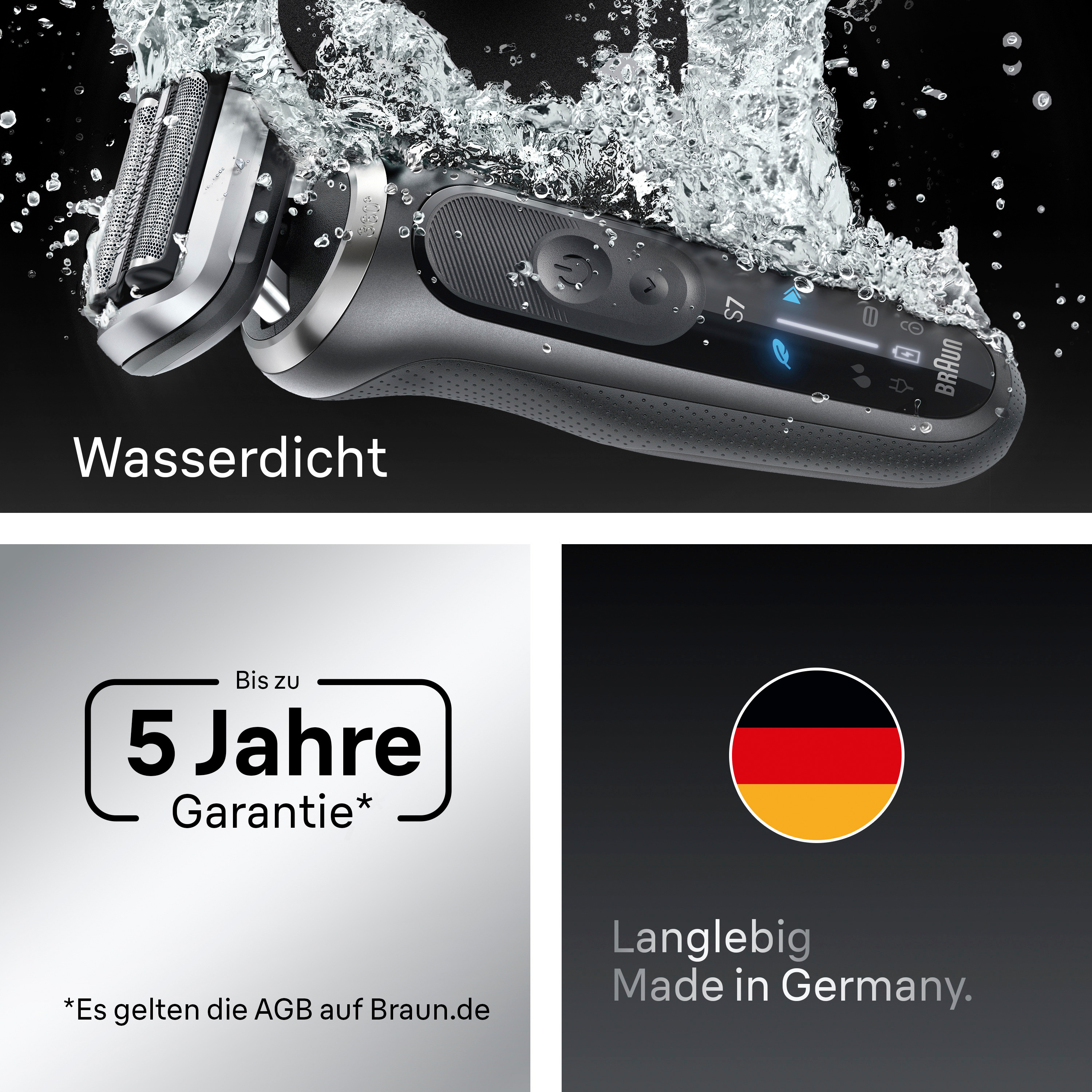Ein schwarzer und silberner Braun-Rasierer, der in Wasser getaucht ist, mit Wassertropfen ringsum. Das Wort 'Wasserdicht' steht auf dem Bild.