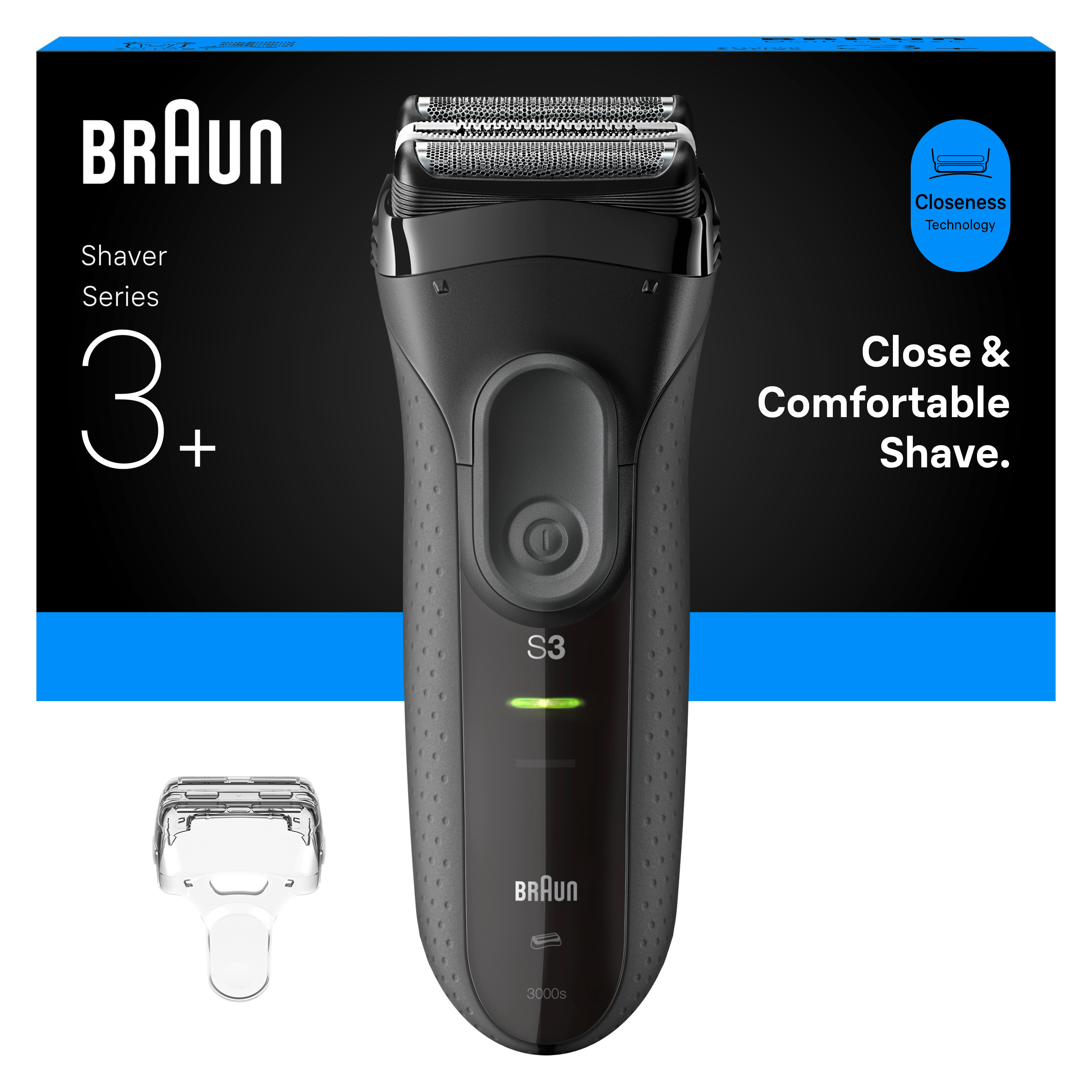 Ein schwarzer Braun Series 3 Rasierer mit transparentem Schutz. Text: 'Braun', '3+' und 'Close & Comfortable Shave'.