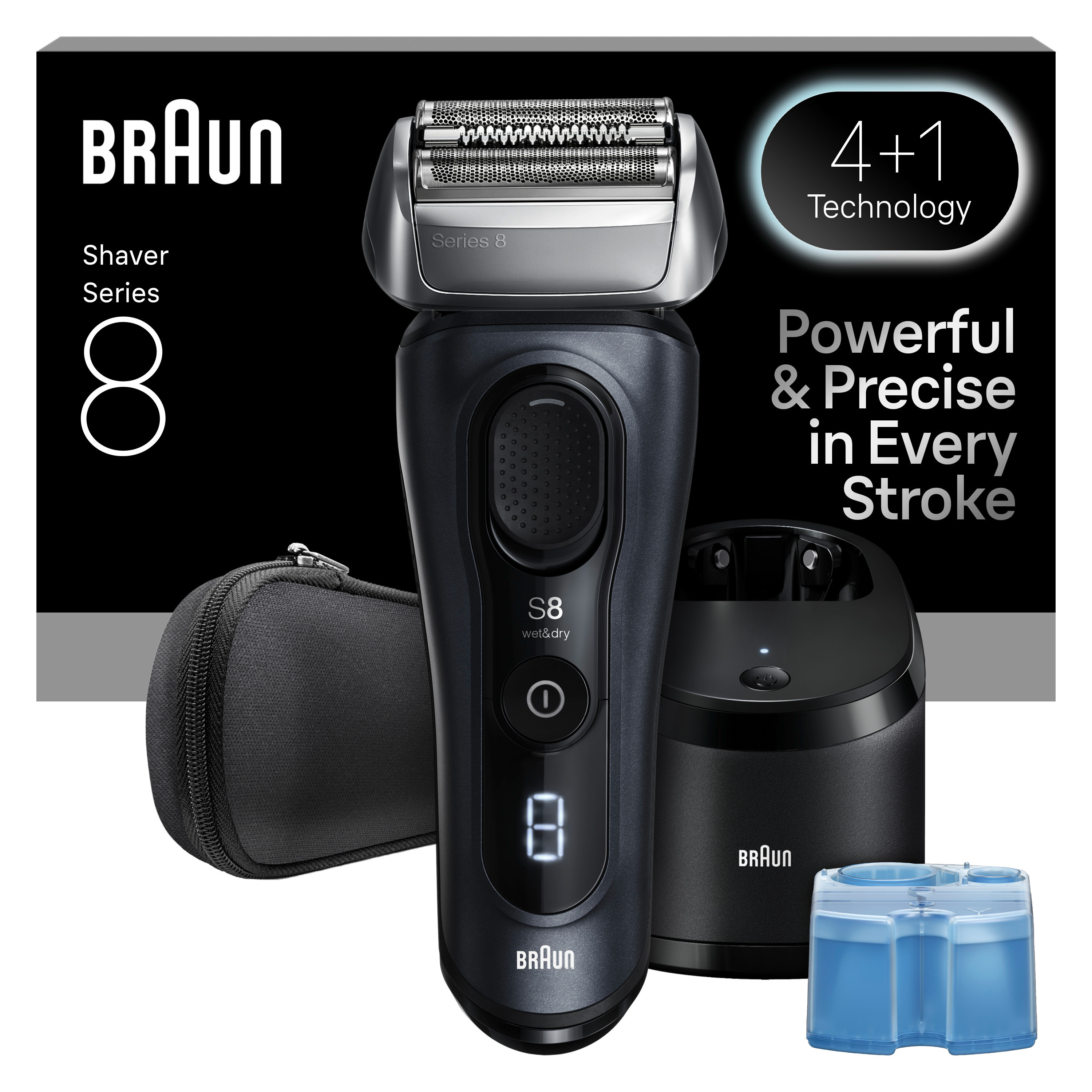 Braun Series 8 Rasierer mit Zubehör. Enthält eine Ladestation, Reinigungskartuschen und eine Reisetasche. Schwarz und Silber.