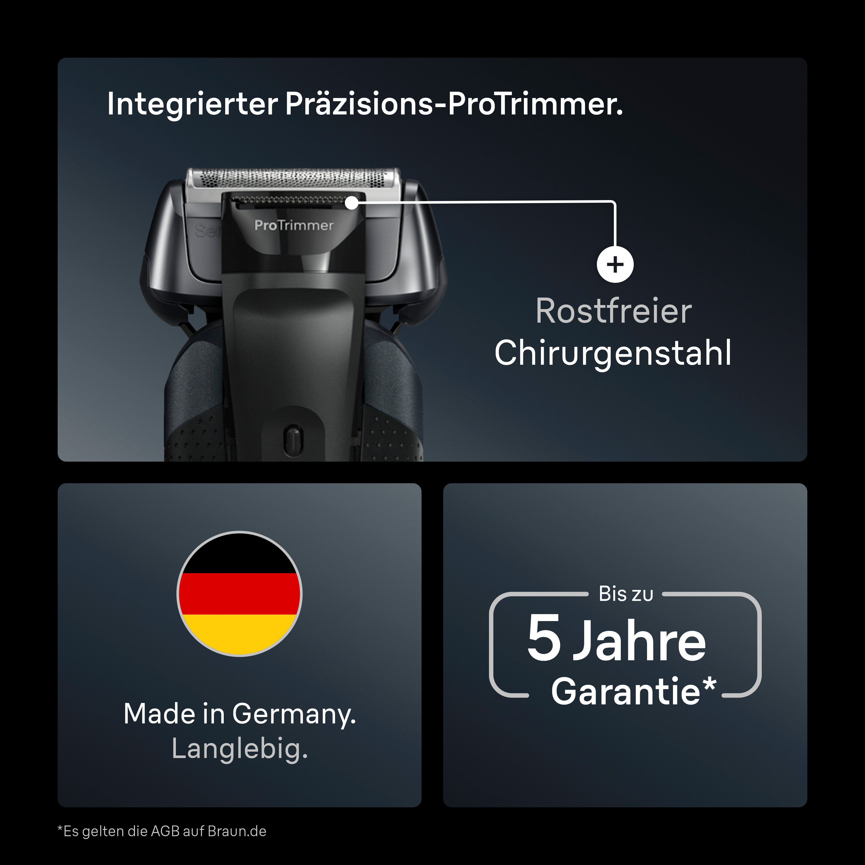 Ein Elektrorasierer mit ProTrimmer, Edelstahl, Made in Germany und 5 Jahren Garantie wird gezeigt. Der Hintergrund ist dunkel.