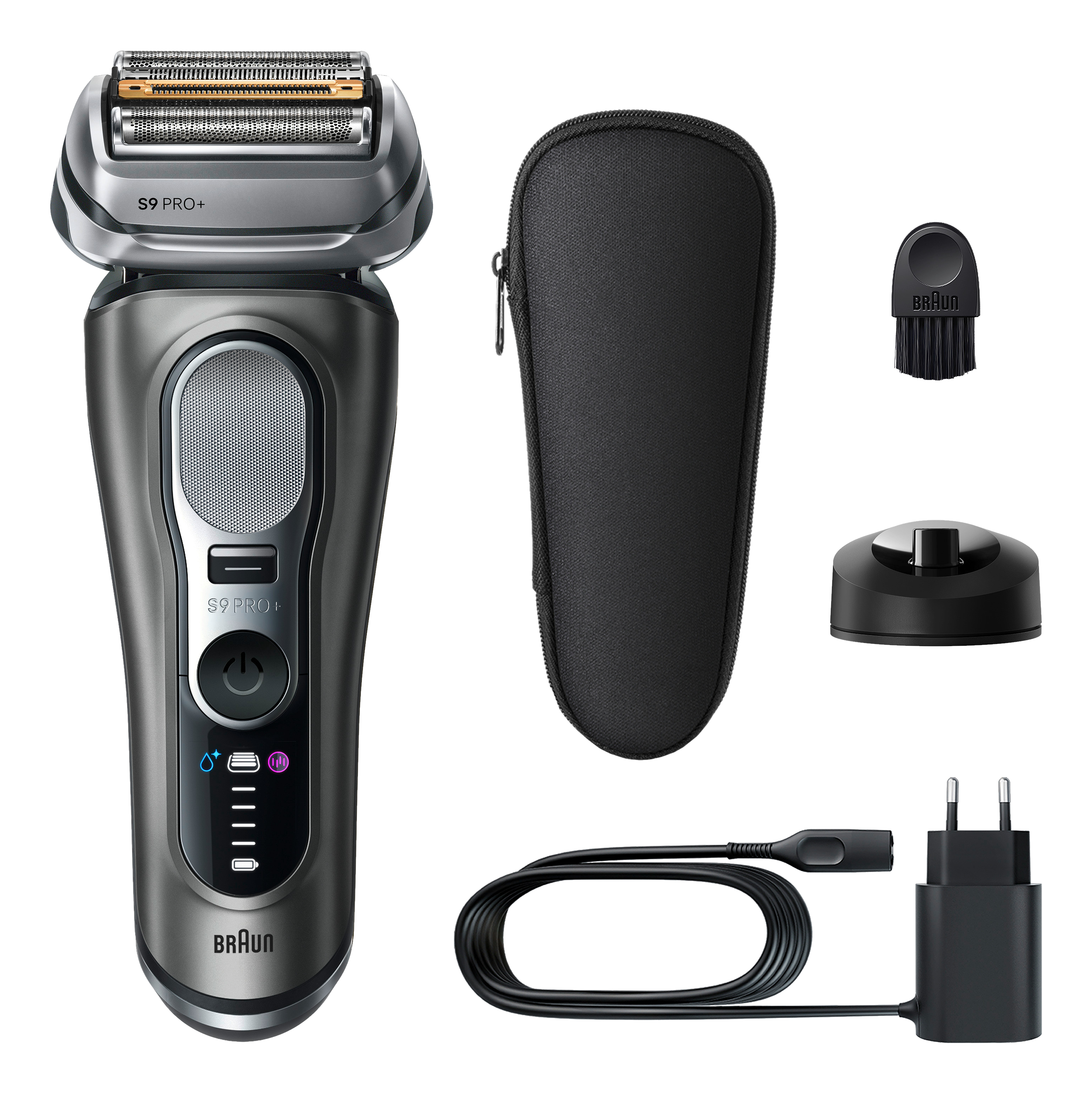 Un rasoir électrique avec accessoires : étui, brosse, socle de recharge, chargeur et cordon, le tout sur fond noir.