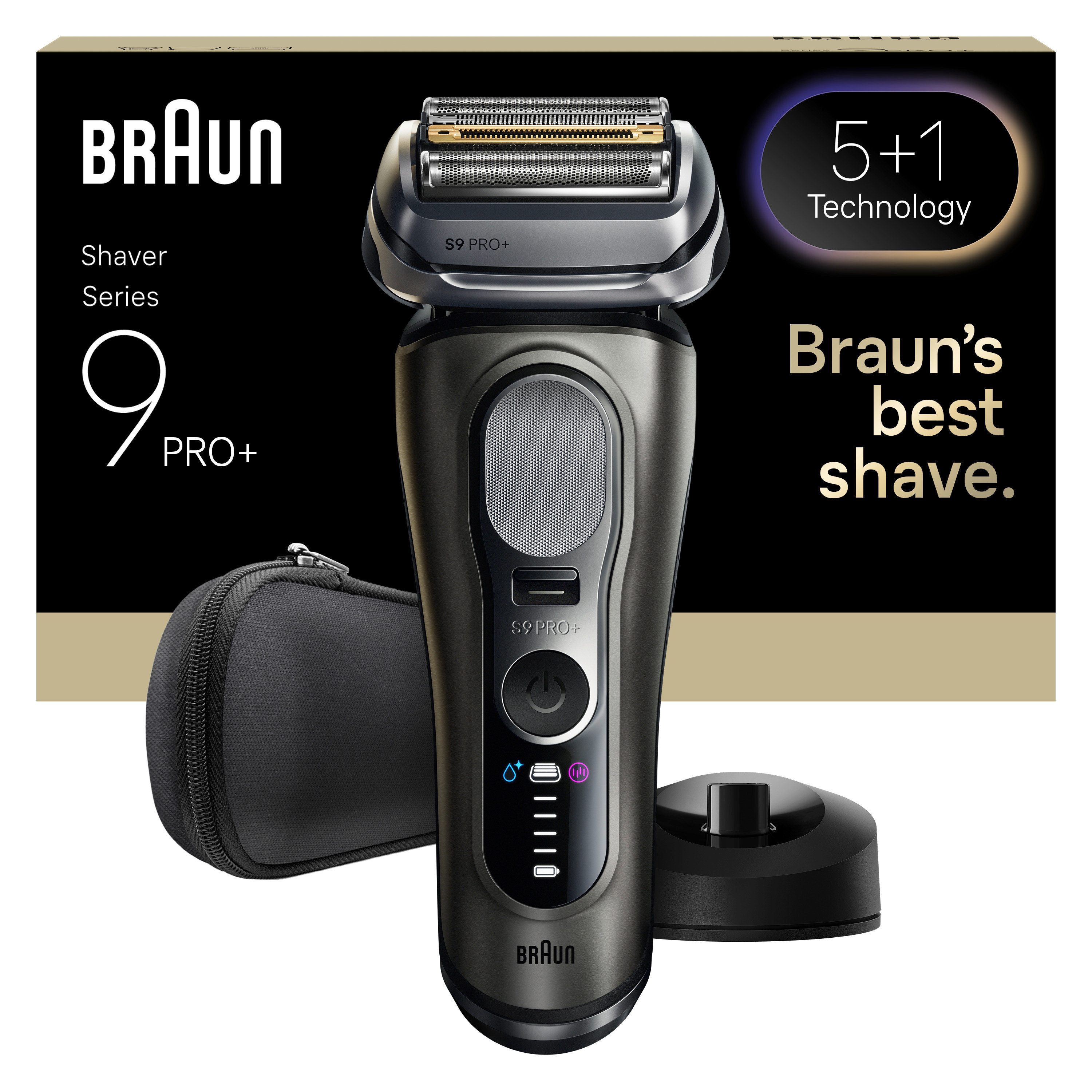 Un rasoir électrique Braun Series 9 Pro+ avec accessoires, dont un étui et un socle de chargement, sur fond noir.