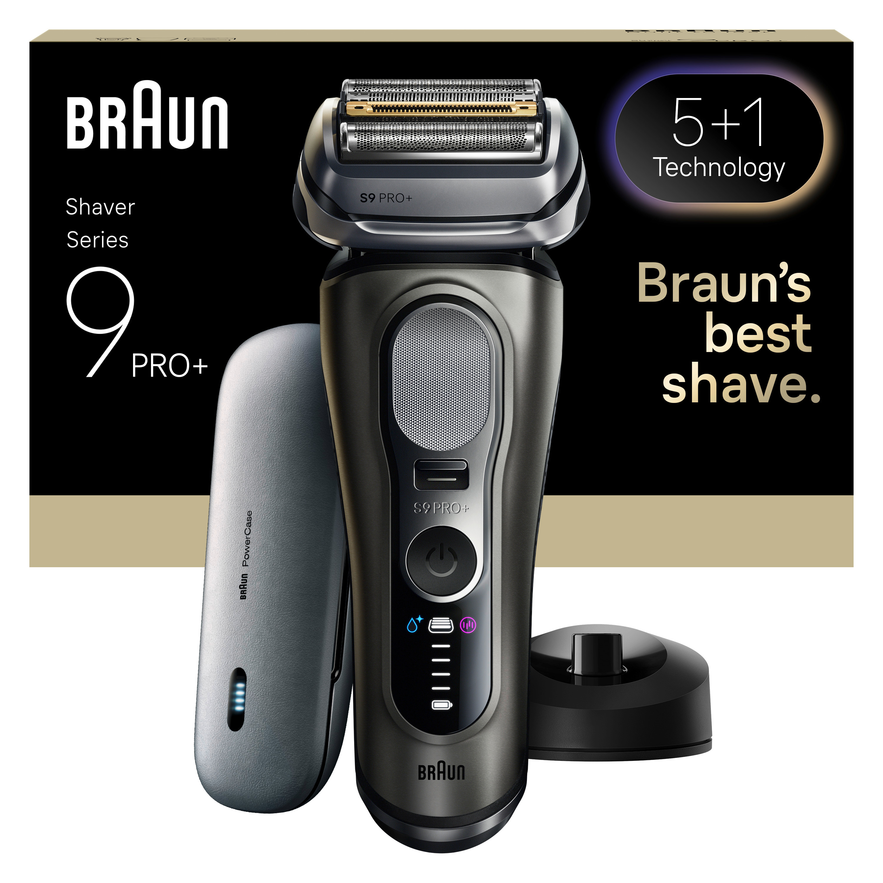 Un rasoio elettrico Braun S9 Pro+ con base di ricarica, custodia e testo su sfondo nero.