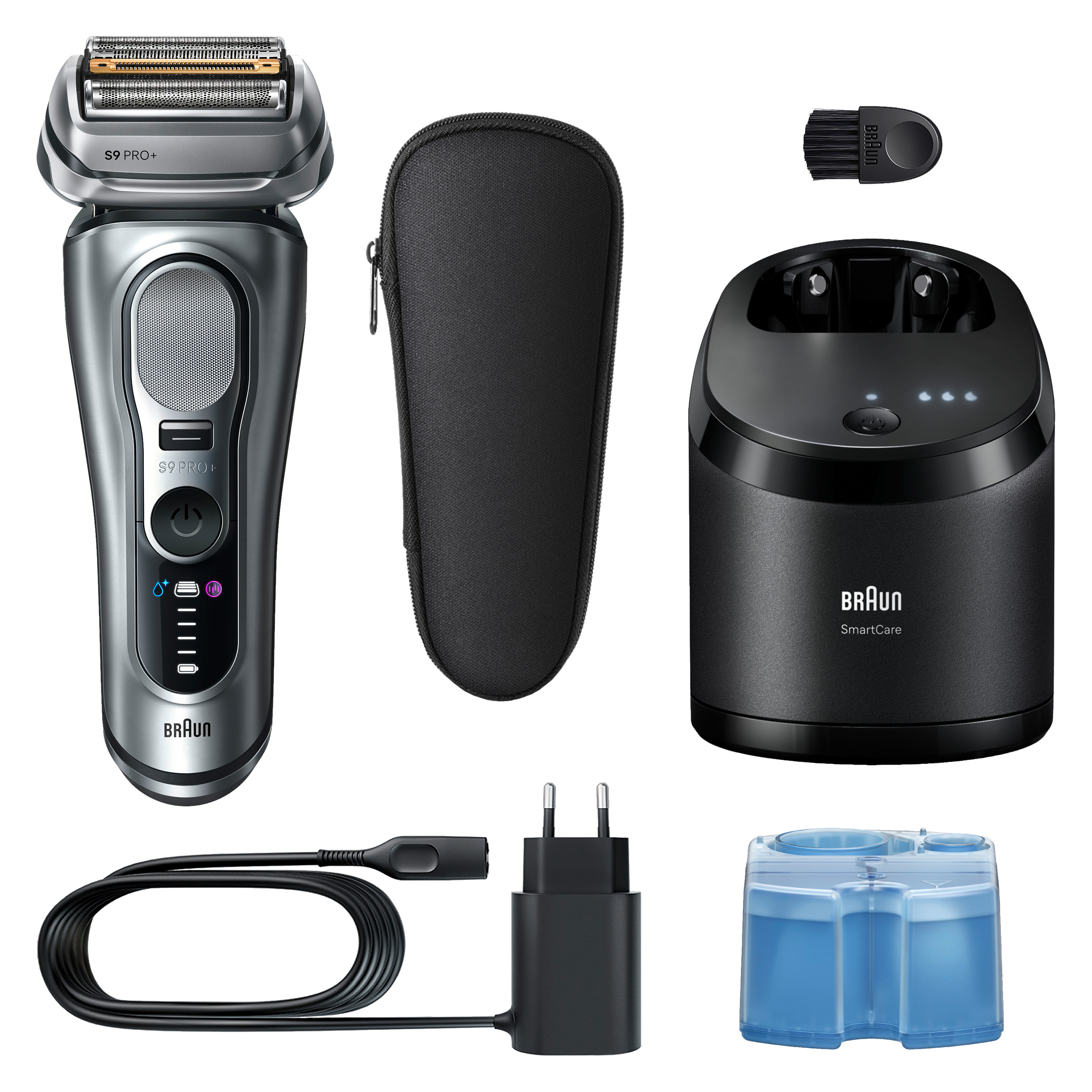 Elektrorasierer mit Zubehör: Ladestation, Ladegerät, Reinigungsbehälter, Bürste und Reiseetui. Alles auf schwarzem Hintergrund.