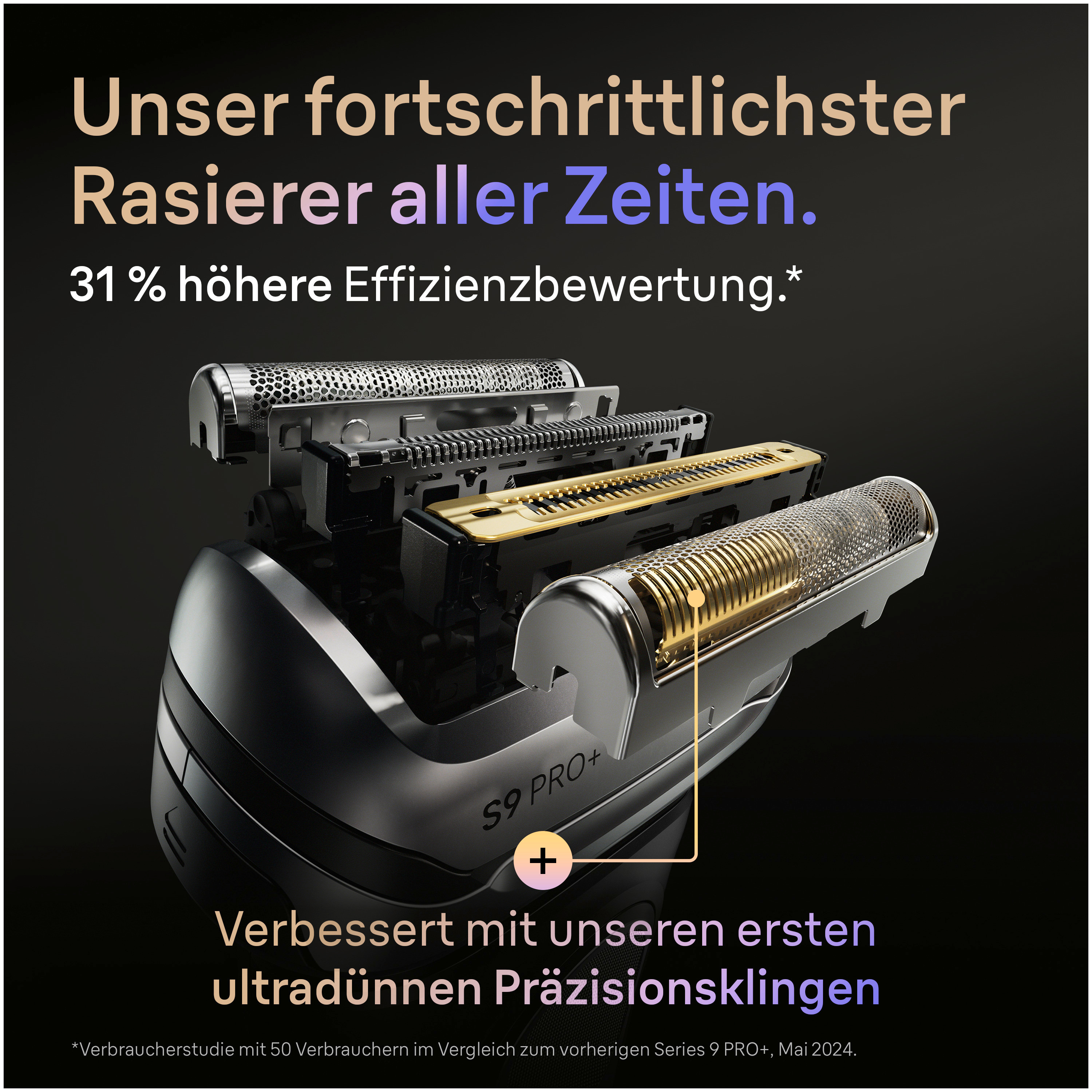 Nahaufnahme eines silber-goldenen Rasierers mit Text. Der Text lautet: 'Unser fortschrittlichster Rasierer aller Zeiten. 31 % höhere Effizienzbewertung'.