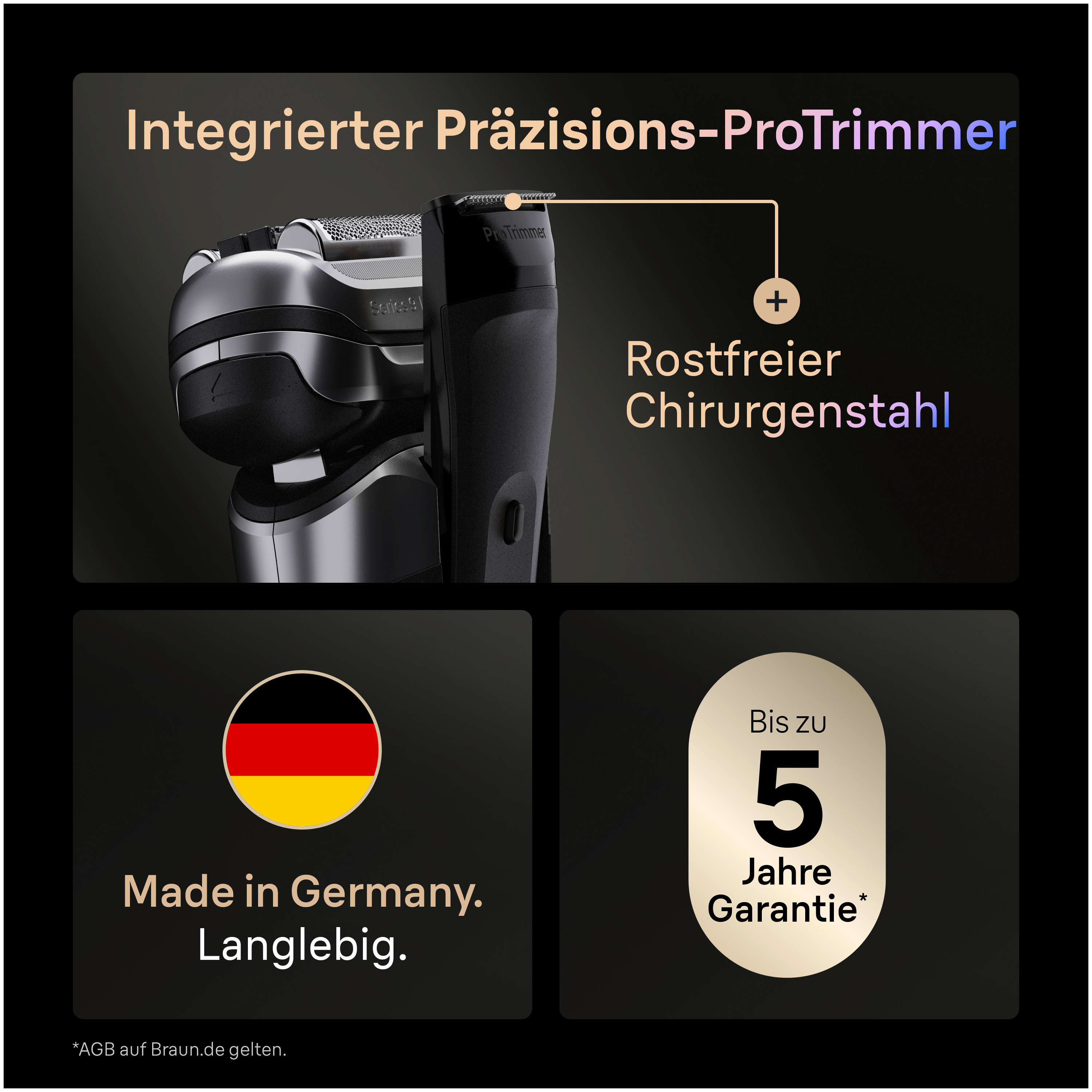 Ein Elektrorasierer mit ProTrimmer, Text auf Deutsch, Made in Germany, eine deutsche Flagge und 5 Jahre Garantie.