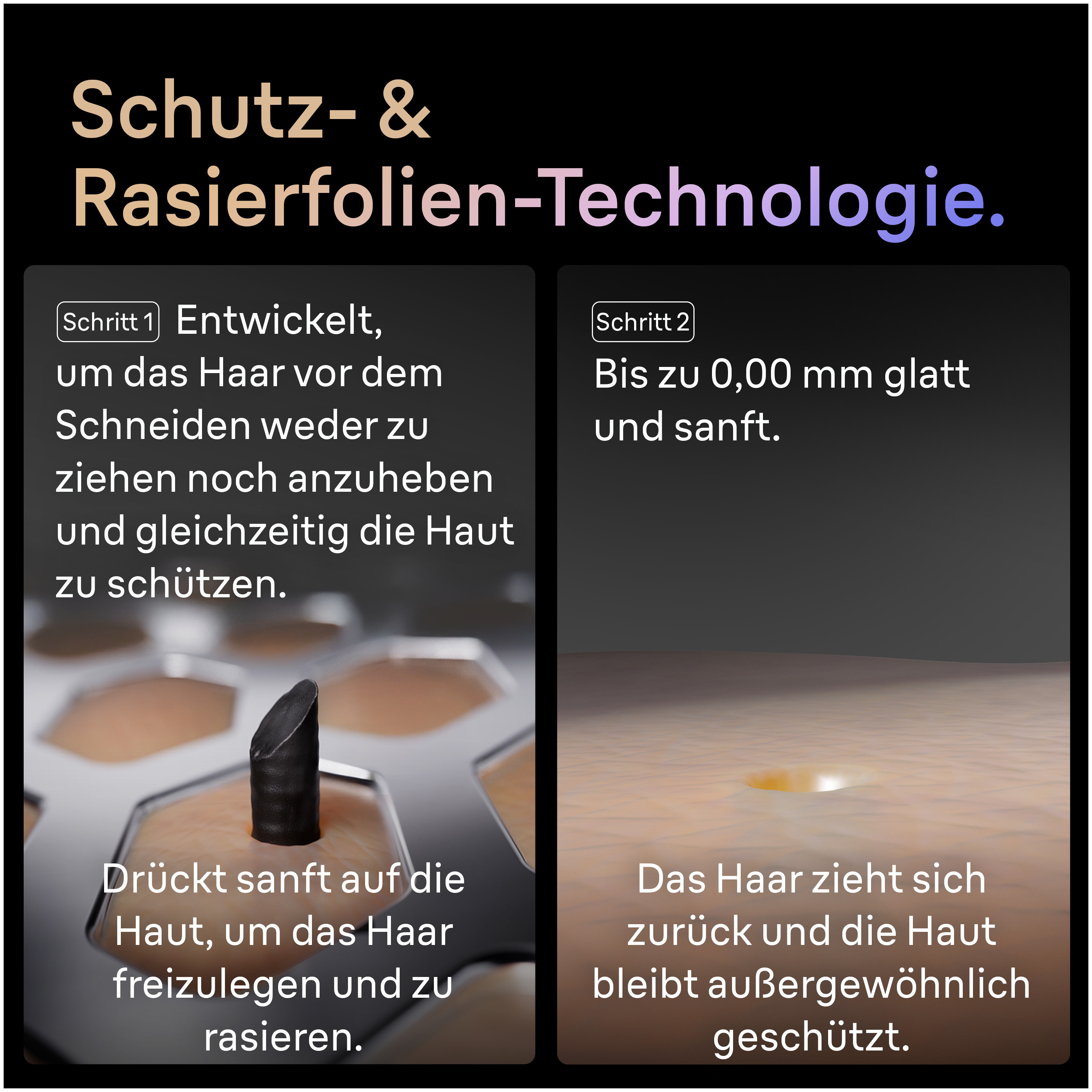 Bild zeigt Rasiertechnologie. Text beschreibt Haarschutz beim Rasieren, mit Nahaufnahmen des Prozesses.