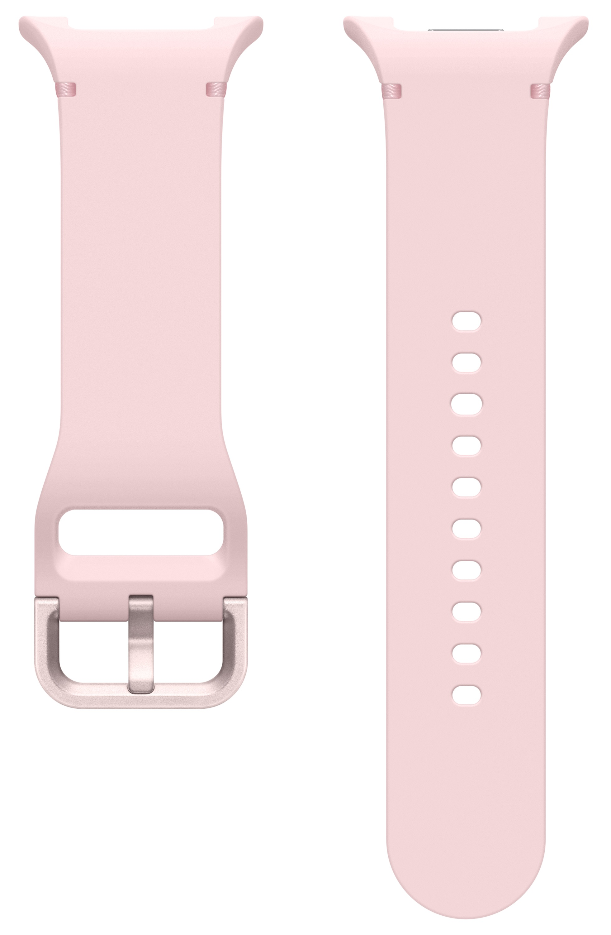 Różowy pasek do zegarka. Jeden pasek ma dziury, drugi klamrę. Oba są jasnoróżowe.