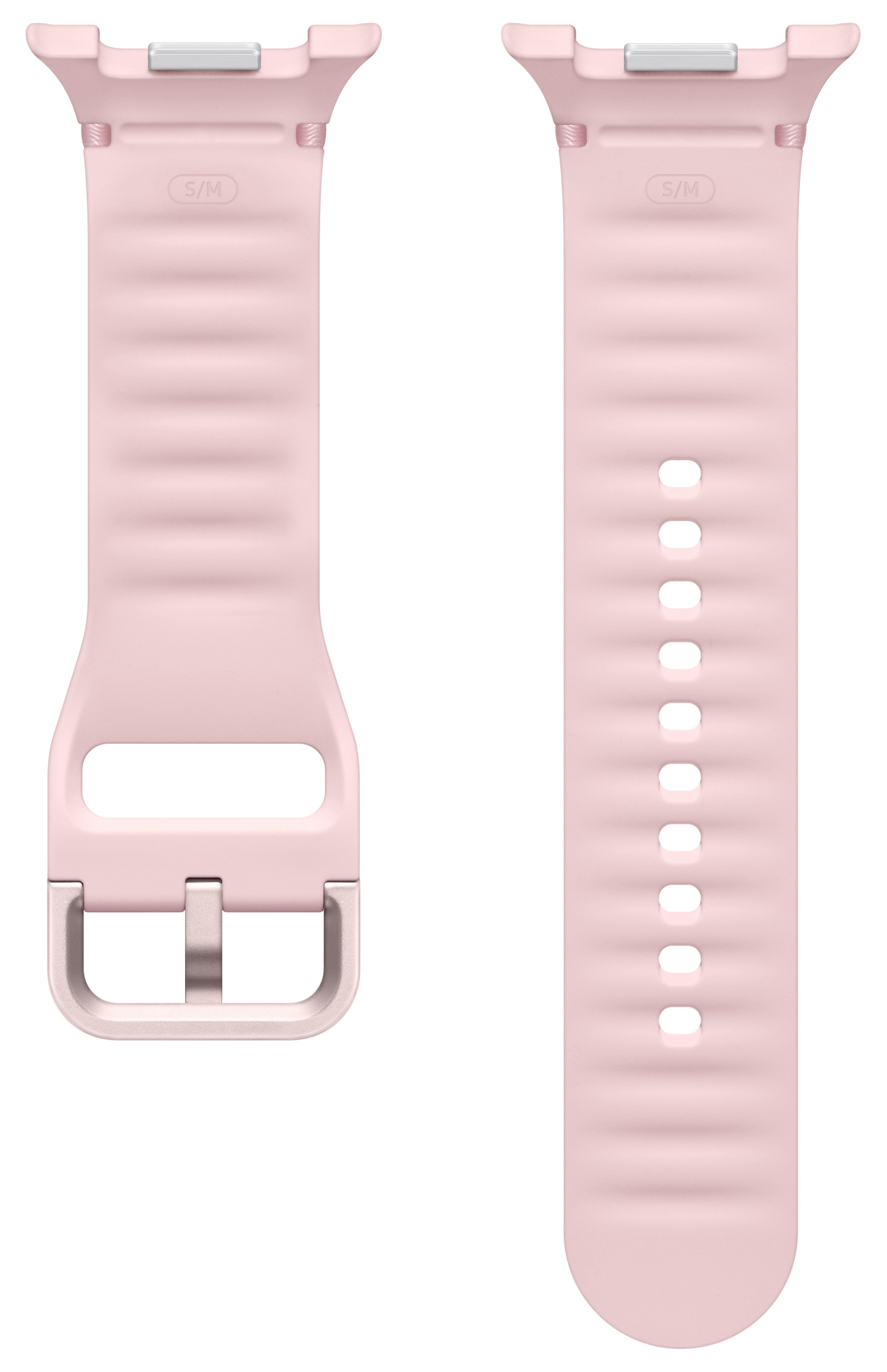 Dwa jasnoróżowe paski do zegarka. Jeden ma klamrę, drugi otwory do regulacji.
