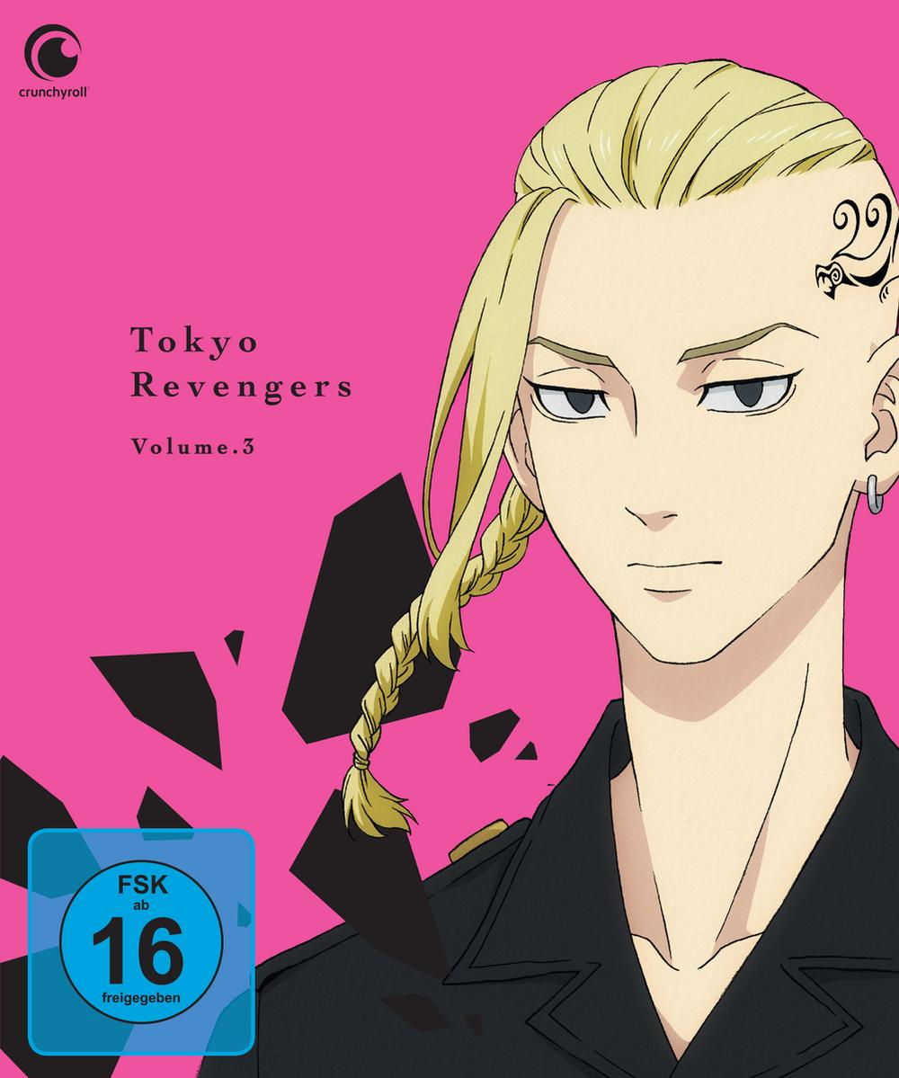 Anime-Cover. Blondhaariger Mann mit Tattoo. Titel ist Tokyo Revengers. Blauer Aufkleber mit der Zahl 16.