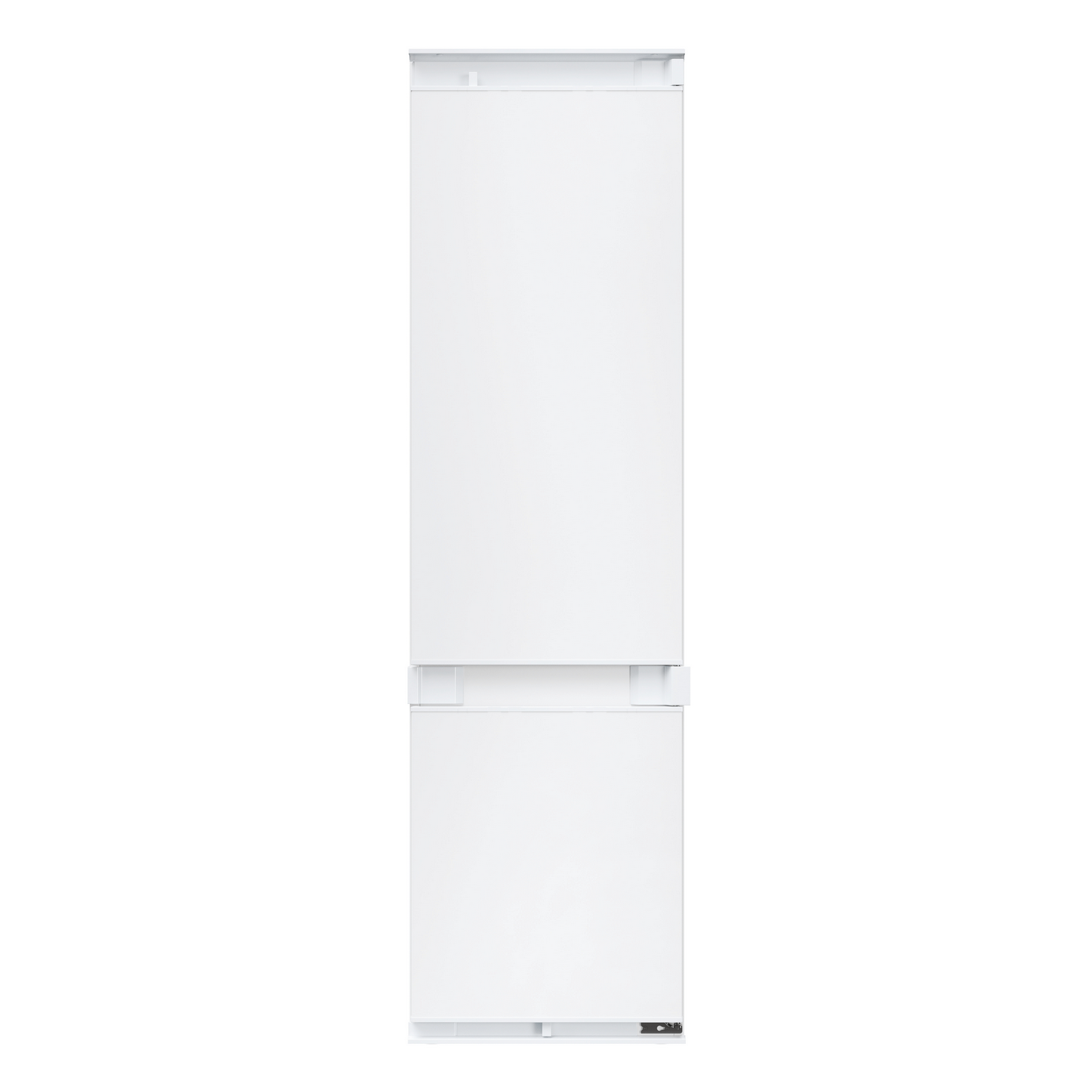 Un refrigerador blanco con sección superior e inferior. Los tiradores están integrados. El fondo es blanco.