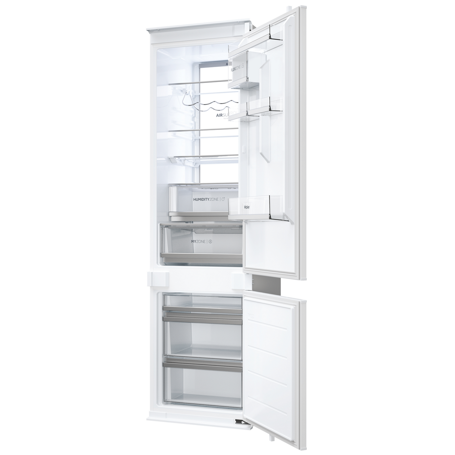 Refrigerador blanco abierto que muestra estantes, cajones y compartimentos. Las etiquetas incluyen 'Humidity Zone', 'My Zone' y 'Flex Zone'.