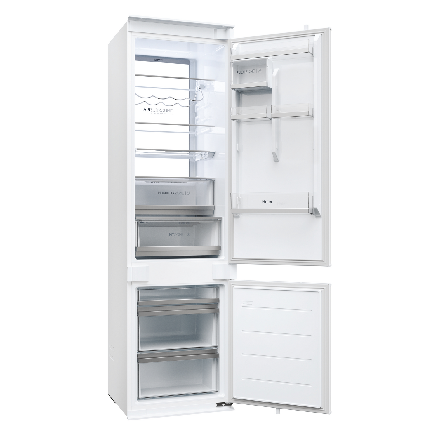 Refrigerador blanco con puertas abiertas, mostrando estantes, cajones y etiquetas como 'AIRSURROUND', 'HUMIDITYZONE', 'MYZONE' y 'FLEXIZONE'.