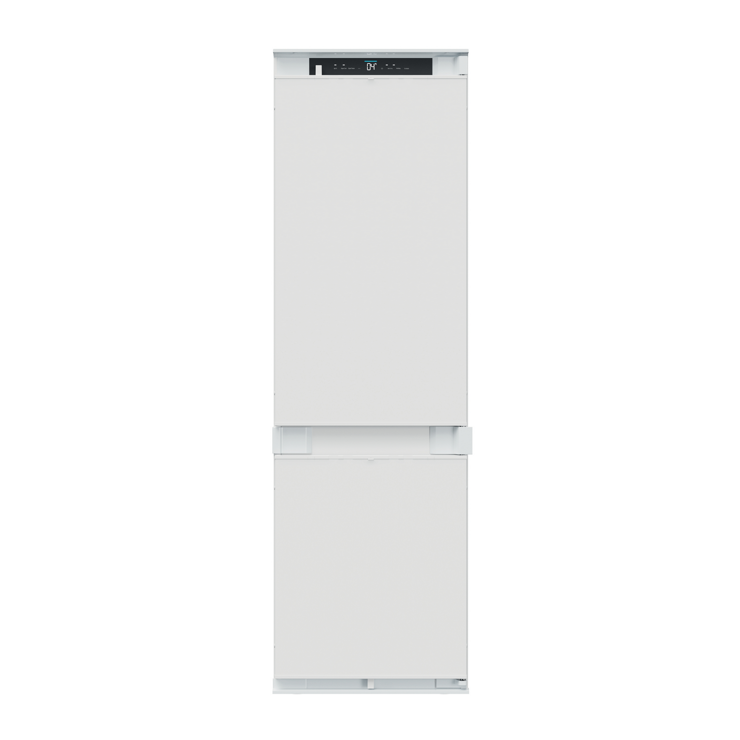 Un refrigerador blanco con dos puertas. La puerta superior tiene una pequeña pantalla con números. El fondo es blanco.