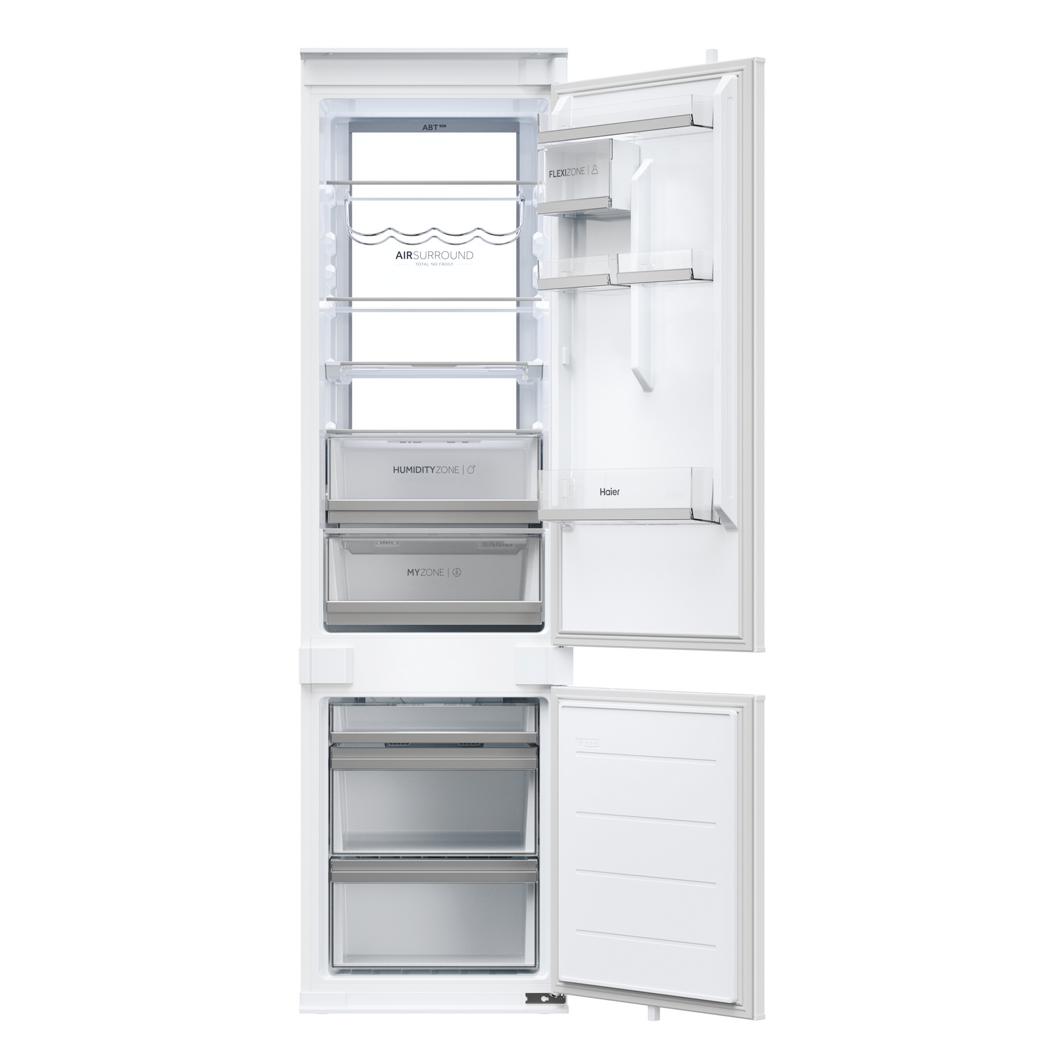 Refrigerador blanco con puertas abiertas. Son visibles estantes, cajones y etiquetas interiores. La marca Haier es visible.