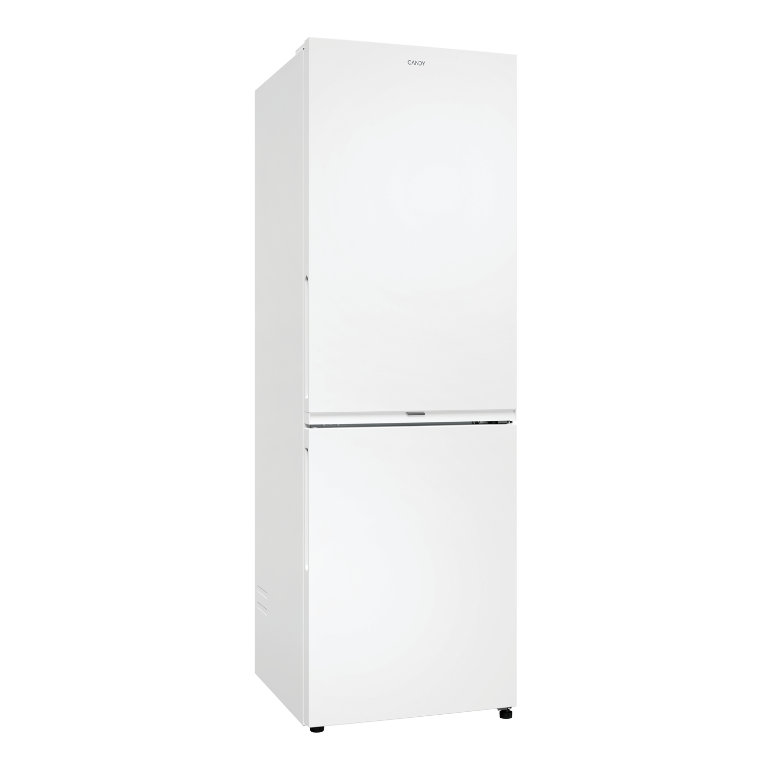 Un refrigerador blanco con dos puertas. El logo Candy es visible en la parte superior. Está sobre un fondo blanco.