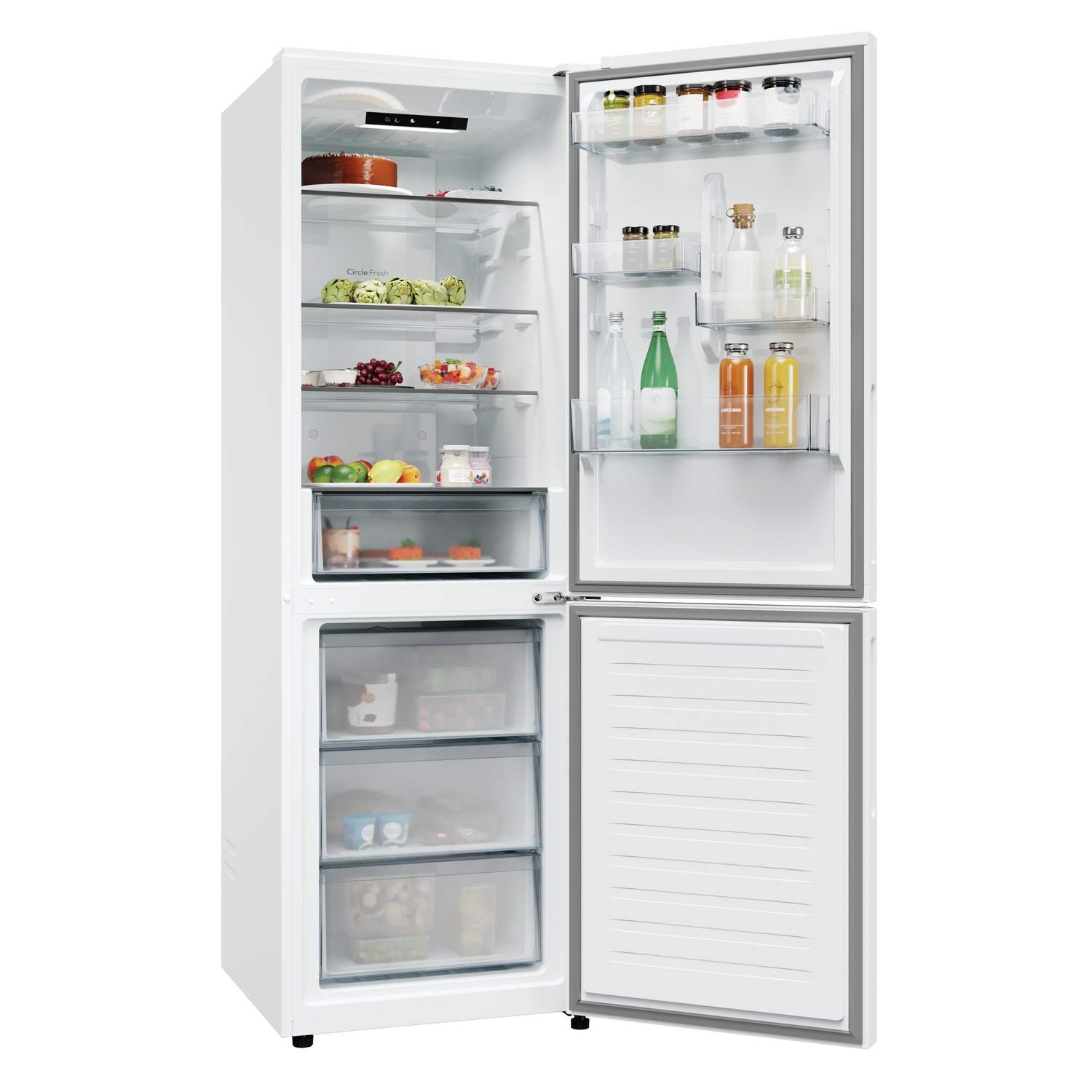 Refrigerador blanco con ambas puertas abiertas. Se ven alimentos como frutas, verduras y botellas, mostrando su capacidad de almacenamiento.