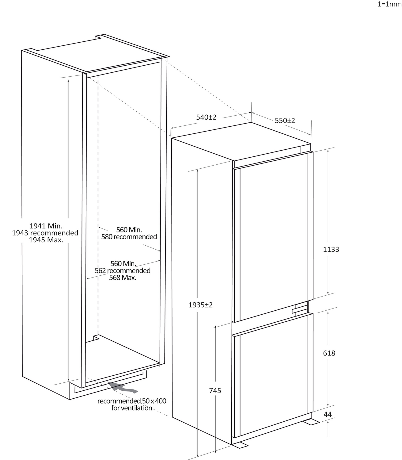 Diagrama de un refrigerador con dimensiones en milímetros. Muestra un esquema del aparato con medidas para instalación y ventilación.