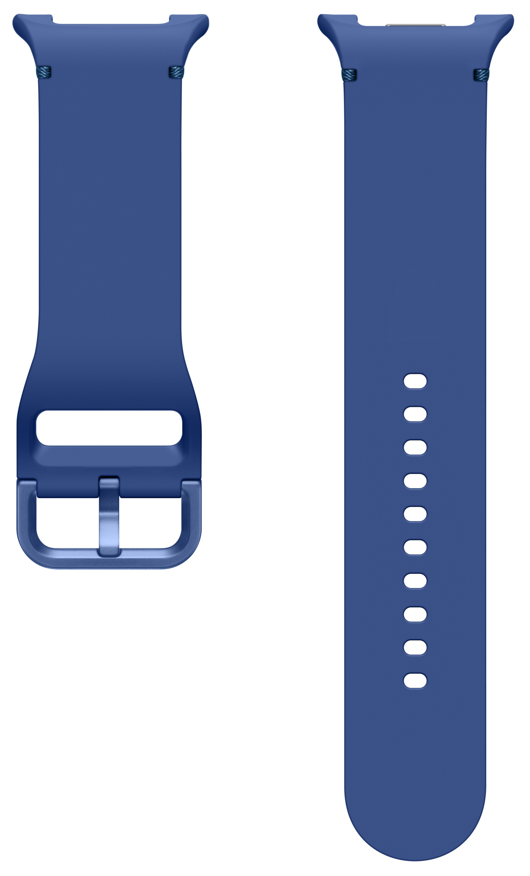 Dwuczęściowy niebieski pasek do zegarka na białym tle. Jedna część ma klamrę, druga otwory do regulacji.