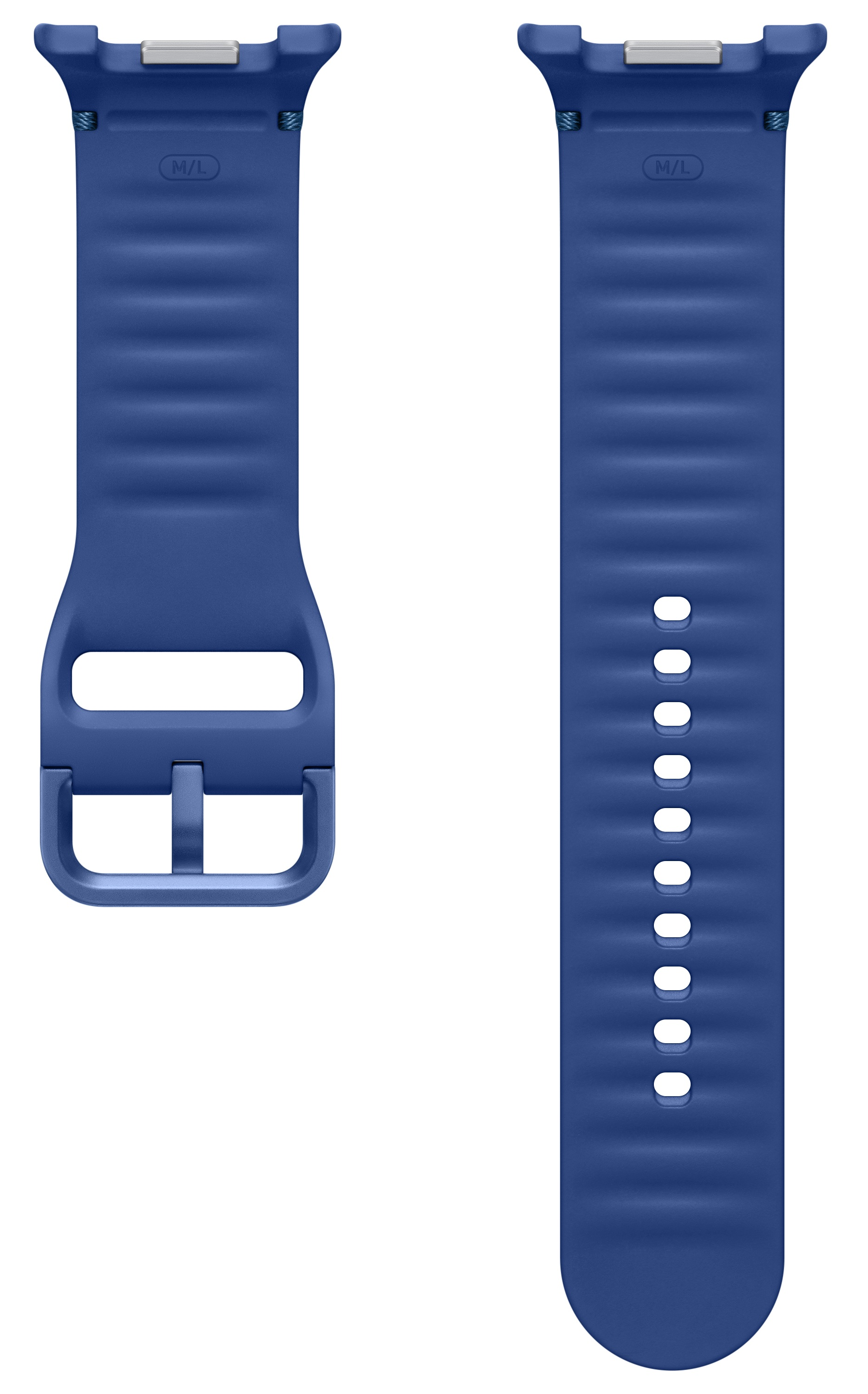 Dwa niebieskie paski do zegarka na białym tle. Jeden ma klamrę, drugi dziury. Oba mają oznaczenie M/L.