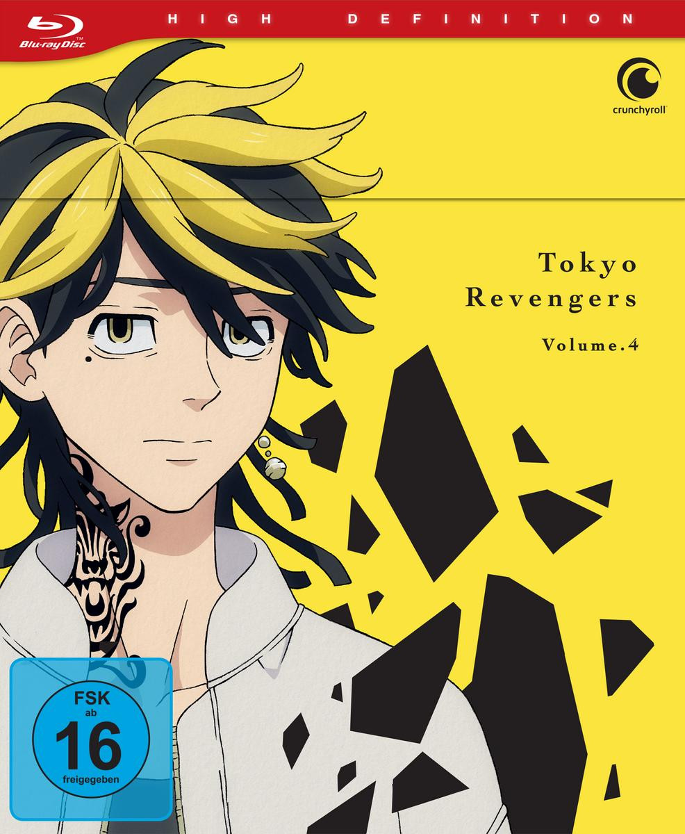 Anime-Cover von Tokyo Revengers Band 4. Ein Charakter mit schwarz-gelben Haaren, einem Tattoo und der FSK 16-Bewertung.