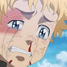 Nahaufnahme eines blonden Anime-Charakters mit Tränen, blutiger Nase und roten Flecken auf der Wange.