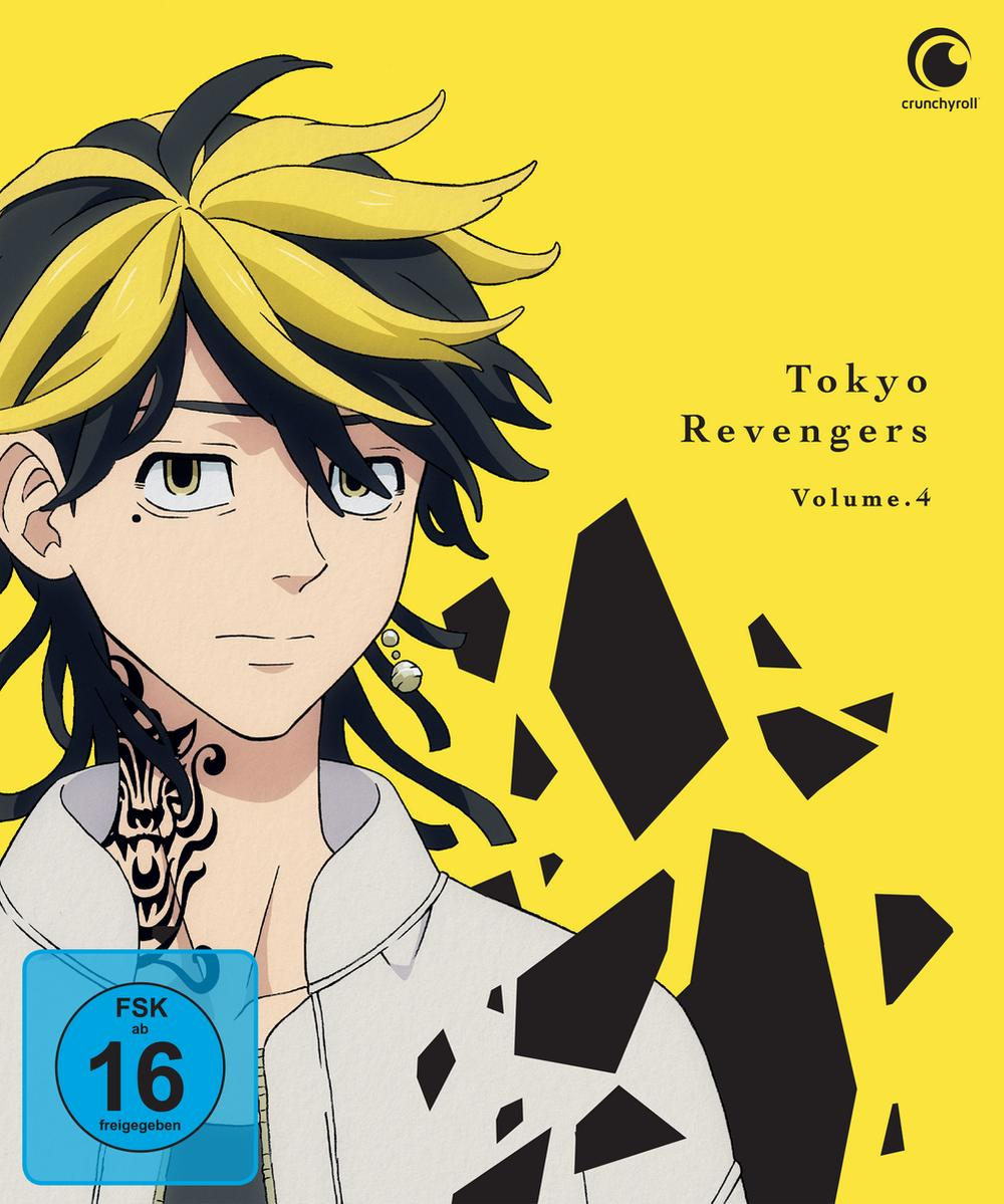 Anime-Cover für Tokyo Revengers Band 4. Ein junger Mann mit schwarz-gelben Haaren, einer Hals-Tätowierung und einem weißen Hemd vor gelbem Hintergrund.