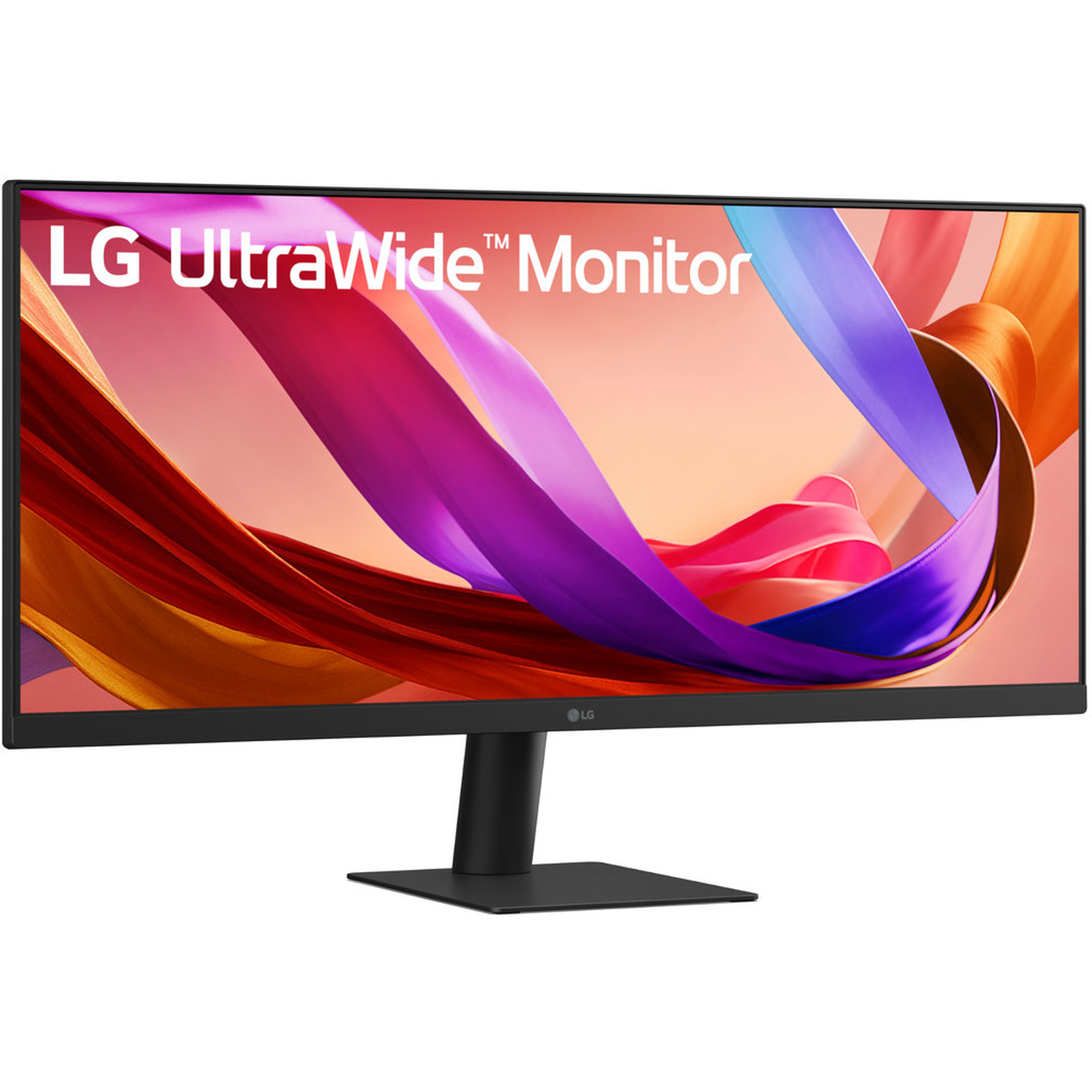 An LG UltraWide monitor with a black frame and stand. The screen displays colorful abstract shapes in pink, purple, and orange.