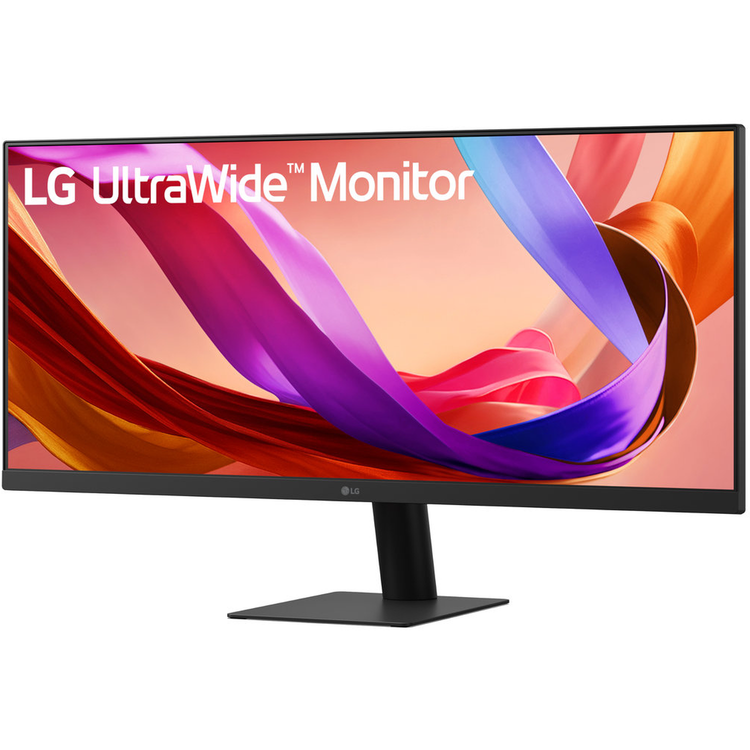 An LG UltraWide monitor, black stand, colorful abstract background. The screen displays the LG logo. The monitor is on a white surface.