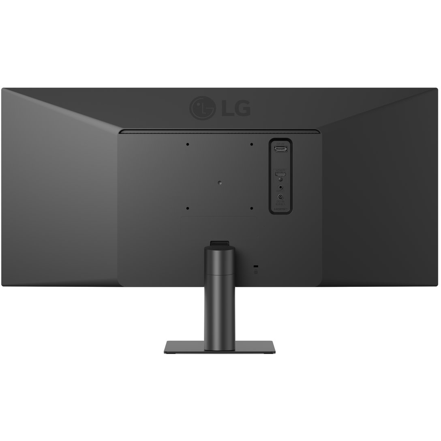 The back of a black LG monitor is shown. There is a stand, ports, and the LG logo. The monitor is rectangular.
