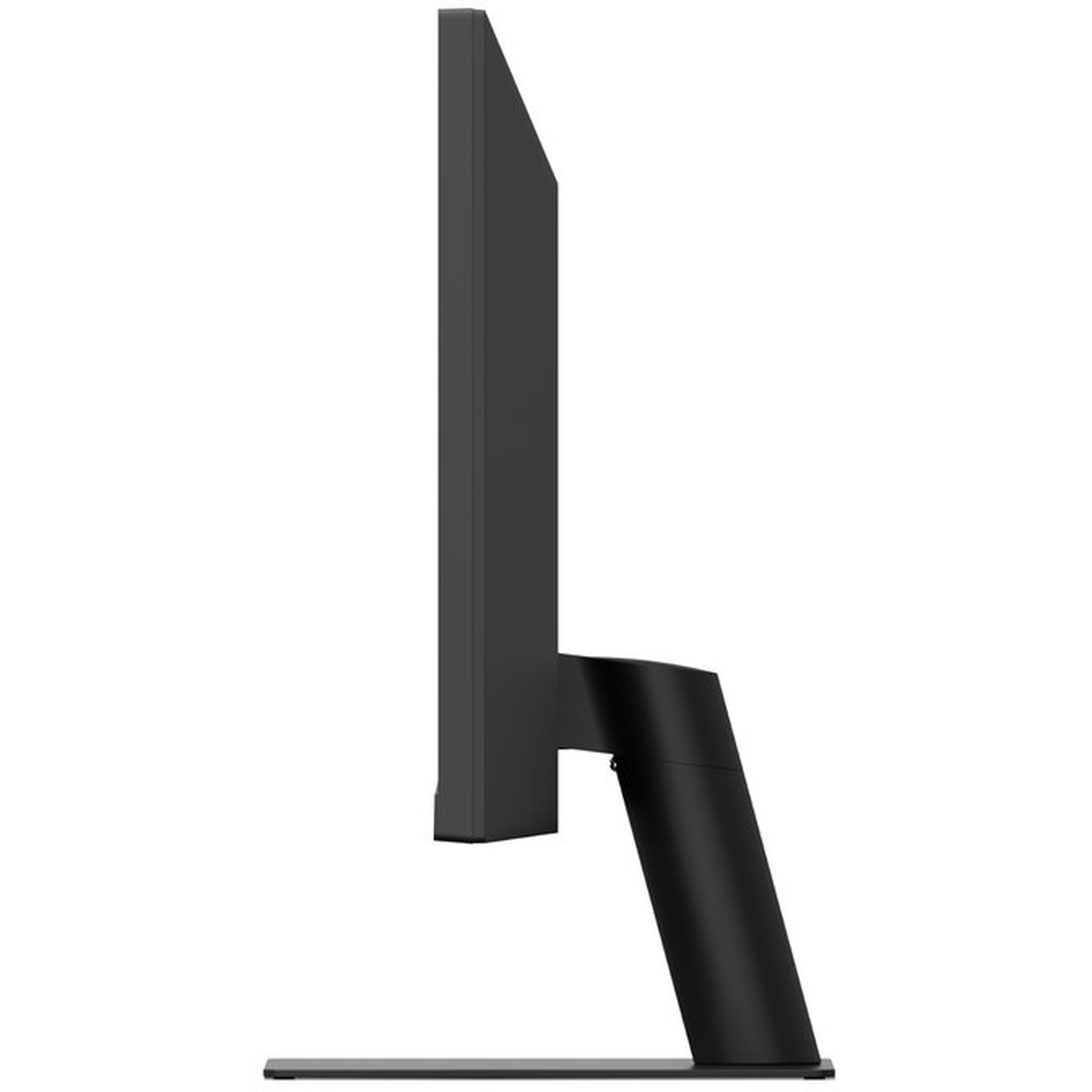 Side view of a black computer monitor. The screen is thin, supported by a stand. The stand is also black and has a sleek design.