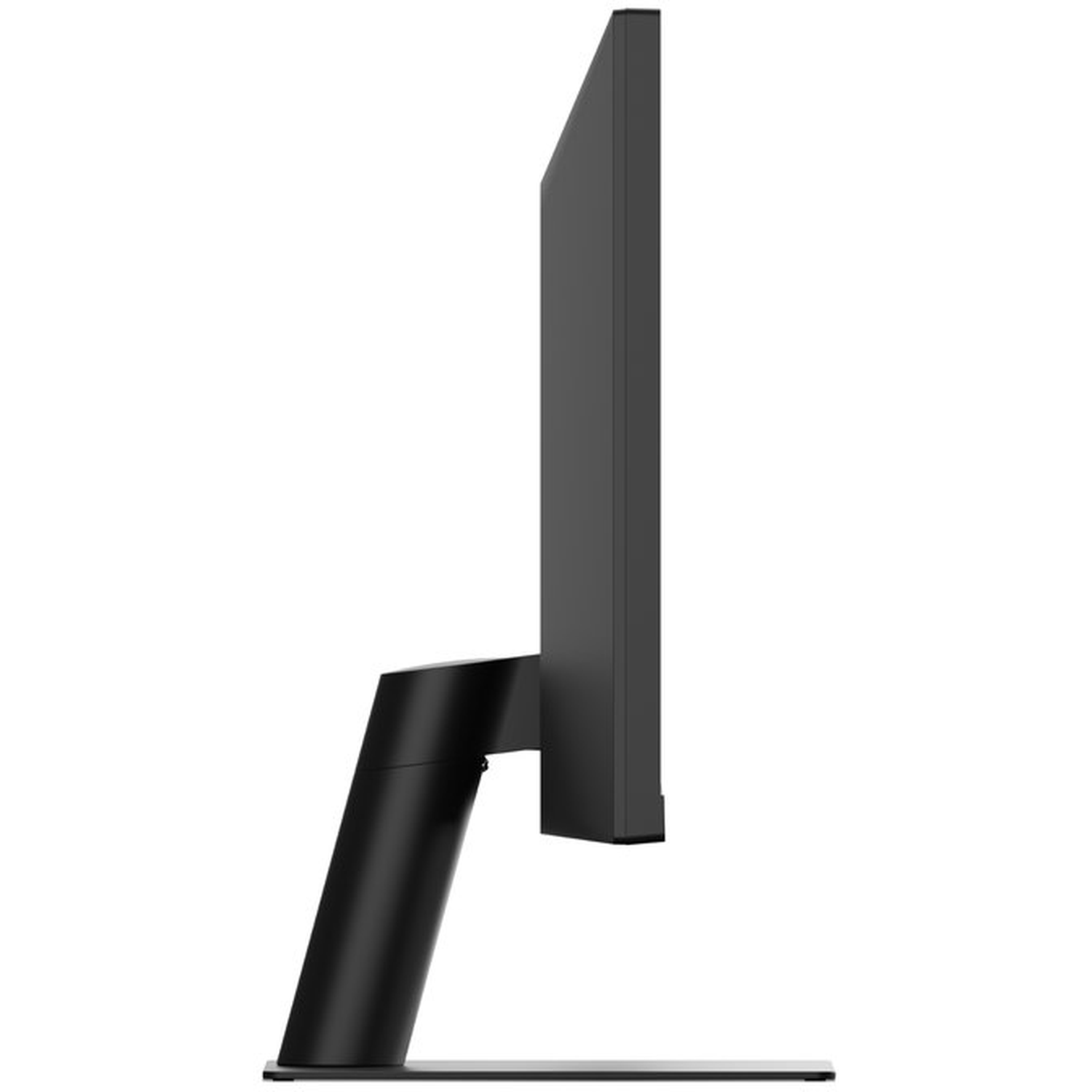 Side view of a black computer monitor. The screen is dark, the stand is cylindrical, and the base is a thin silver rectangle.