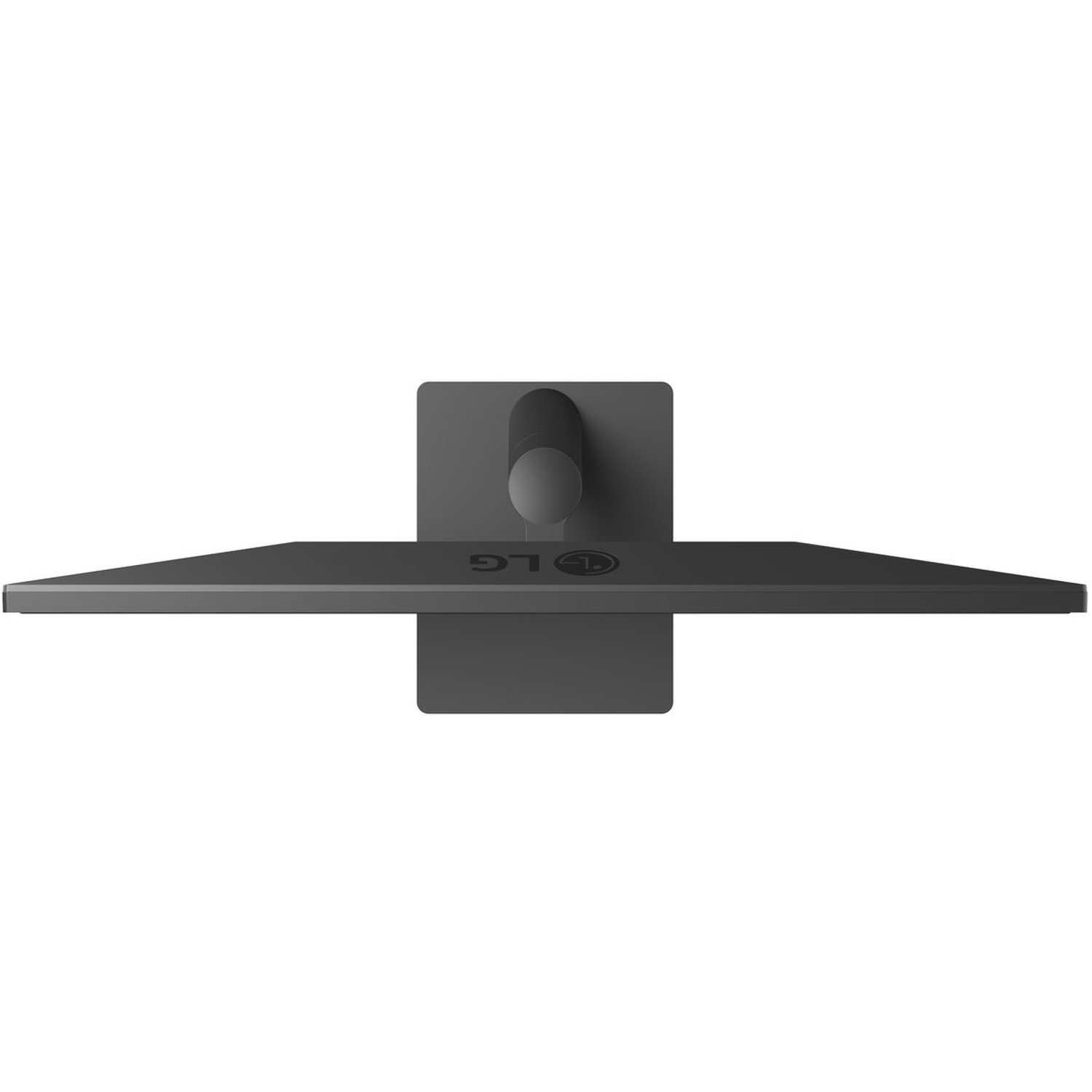 Top view of a black LG monitor. The base and stand are visible. LG logo is on the bottom. White background.