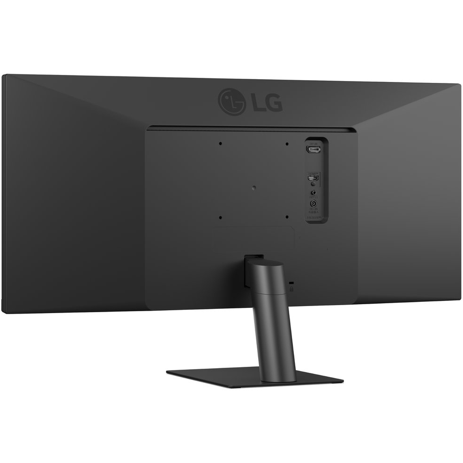 The back of a black LG monitor is displayed, showing ports, the brand logo, and a stand. The screen is black.