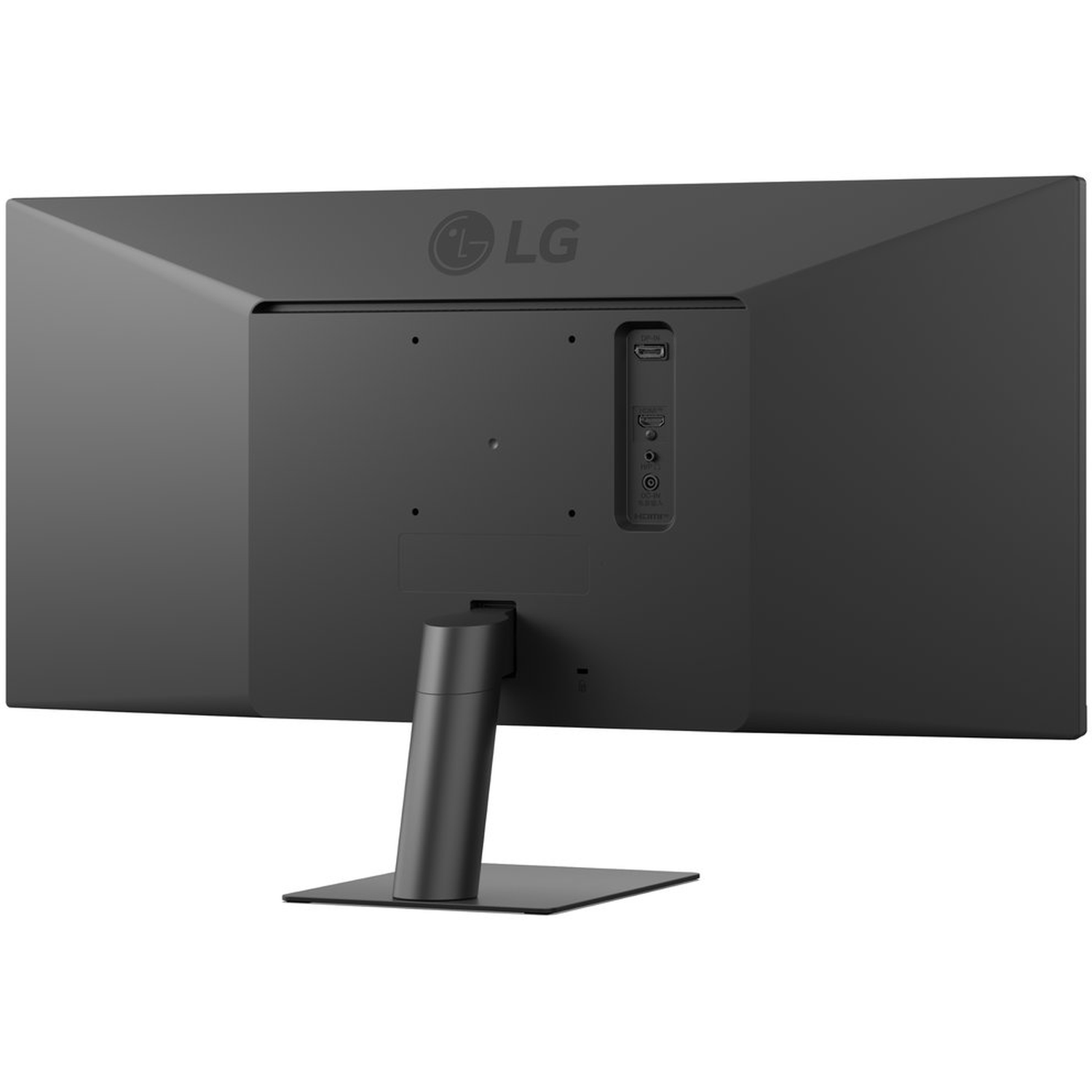 The back of a black LG monitor is shown. Ports and the stand are visible. The LG logo is at the top left.