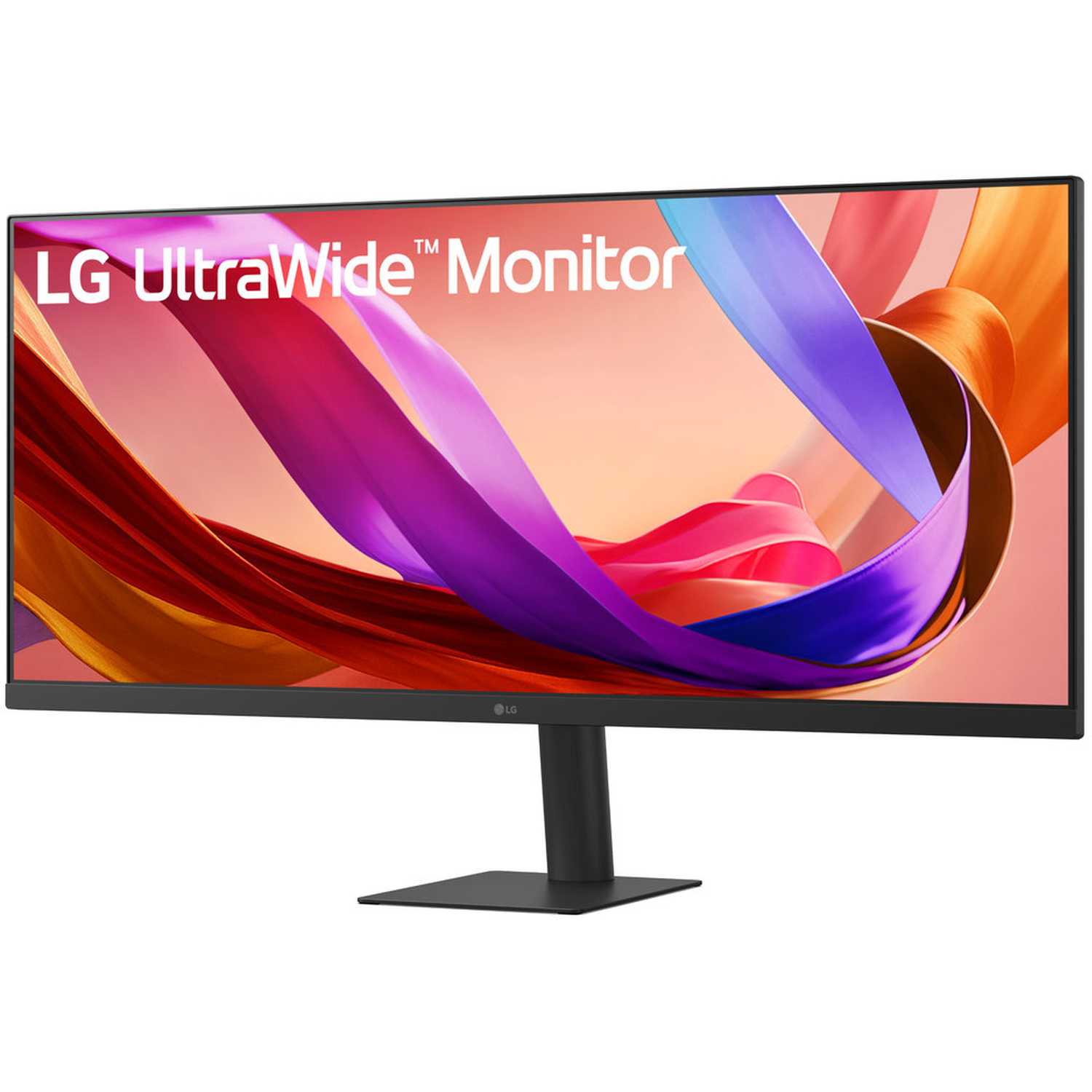 Een LG UltraWide monitor. Het heeft een zwart frame en standaard. Het scherm toont kleurrijke abstracte vormen en het logo is zichtbaar.