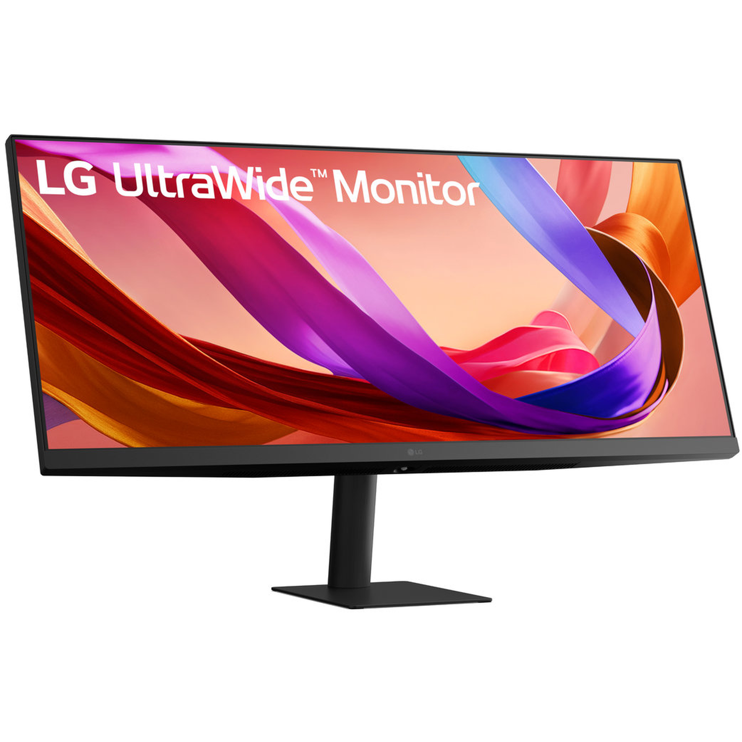 Een LG UltraWide monitor. Het scherm toont kleurrijke abstracte vormen. De monitor is zwart met een zwarte standaard op een witte achtergrond.